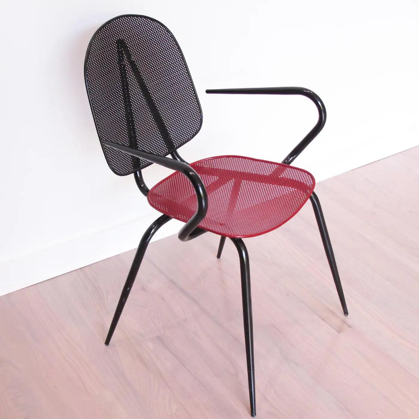 Mathieu Mategot Style Black and Red Metal Chair or Armchair, a pair For Sale 1