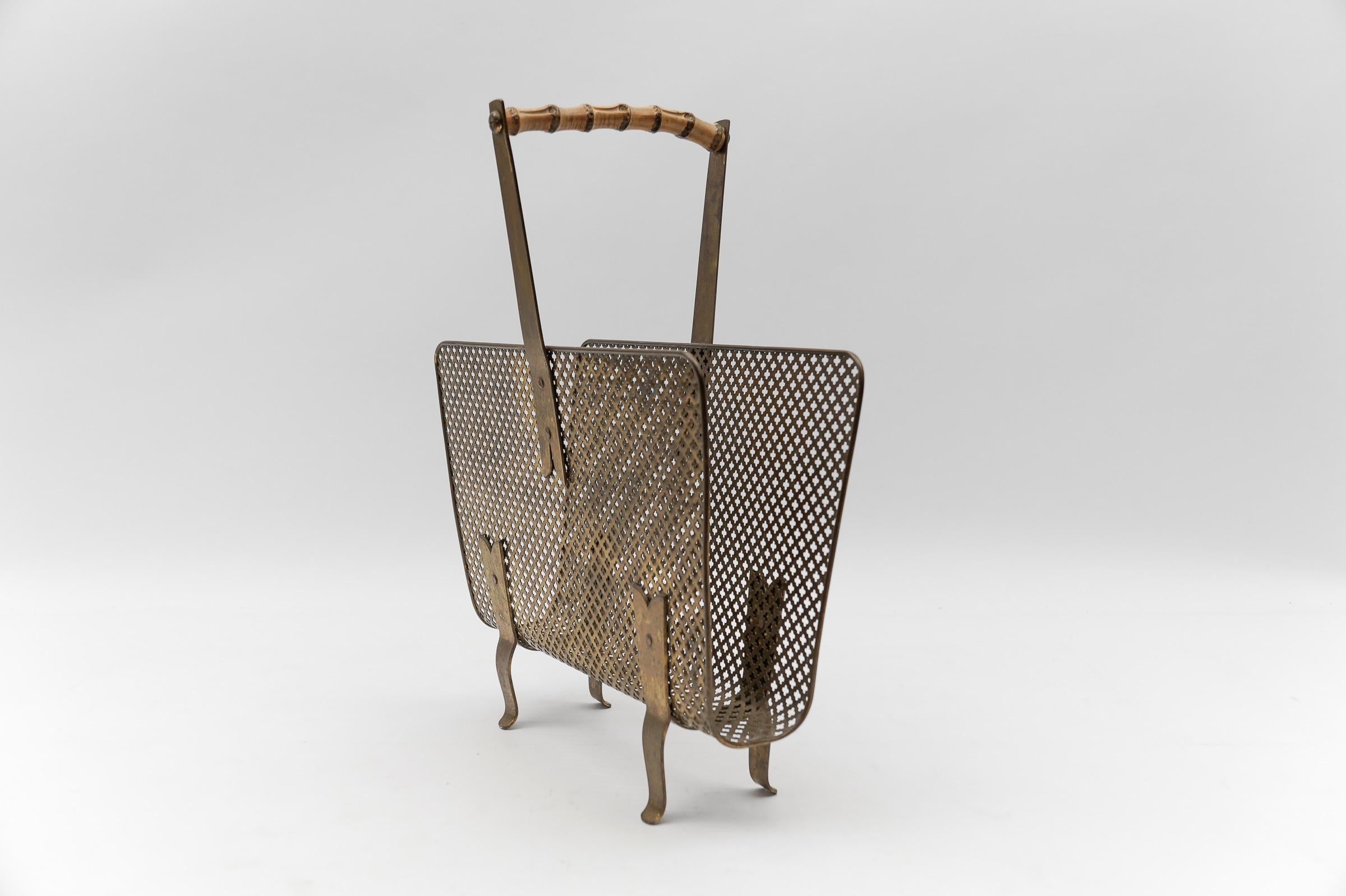 French Mathieu Mategot Style Brass and Bamboo Magazine Holder, circa 1950s For Sale