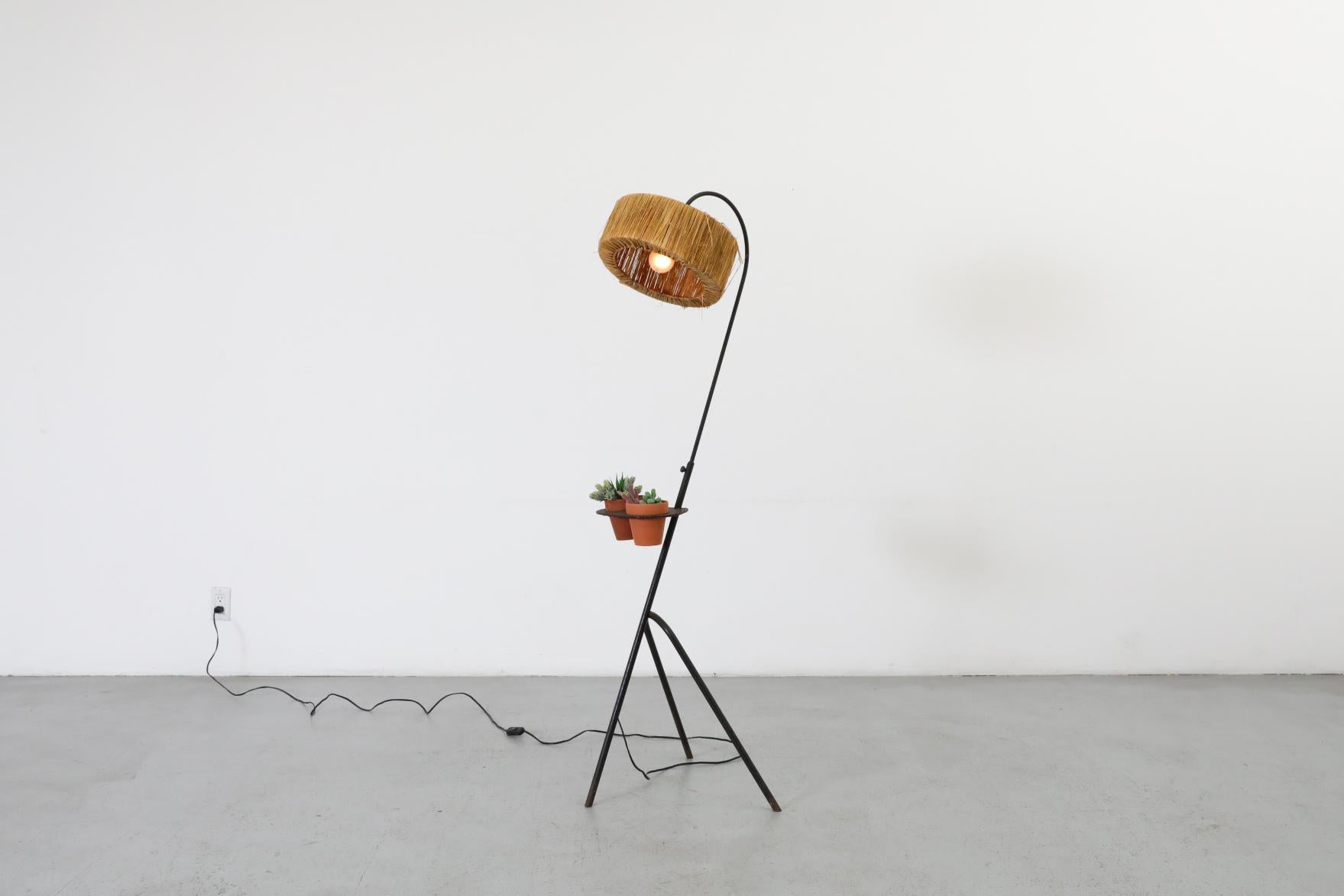 Mathieu Mategot Style Floor Lamp with Perforated Table and Grass Shade For Sale 2