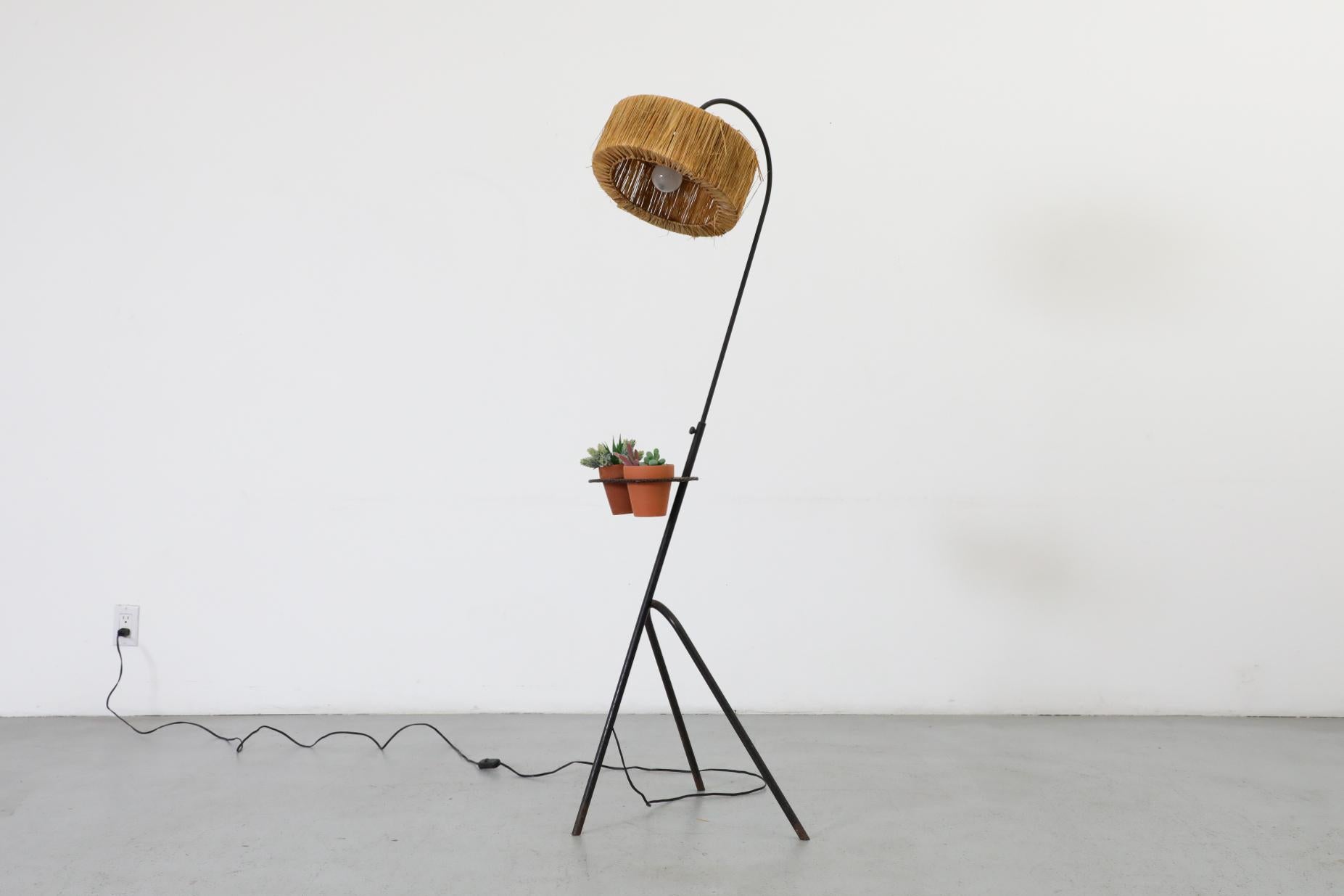 Mathieu Mategot Style Floor Lamp with Perforated Table and Grass Shade For Sale 4