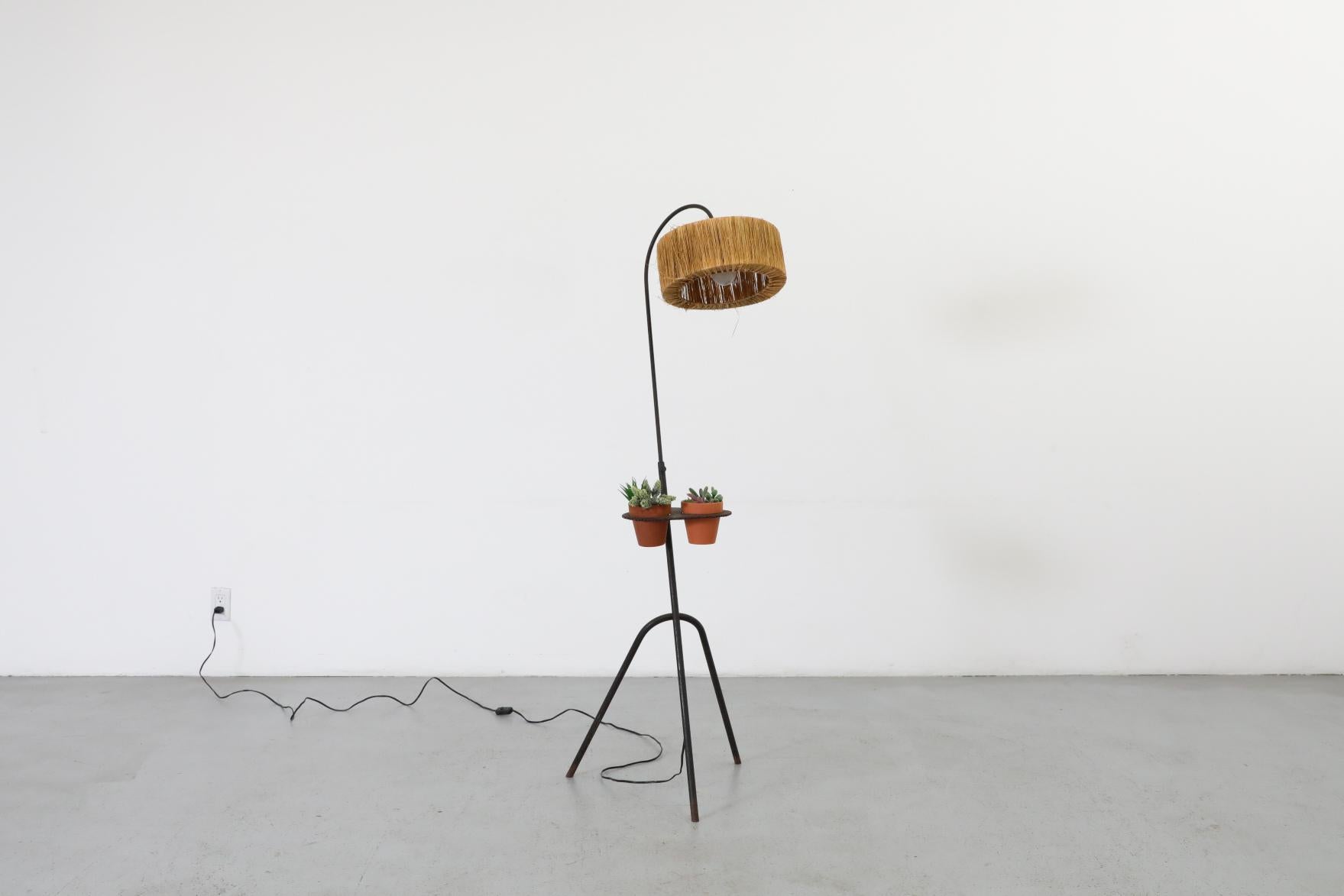 Dutch Mathieu Mategot Style Floor Lamp with Perforated Table and Grass Shade For Sale