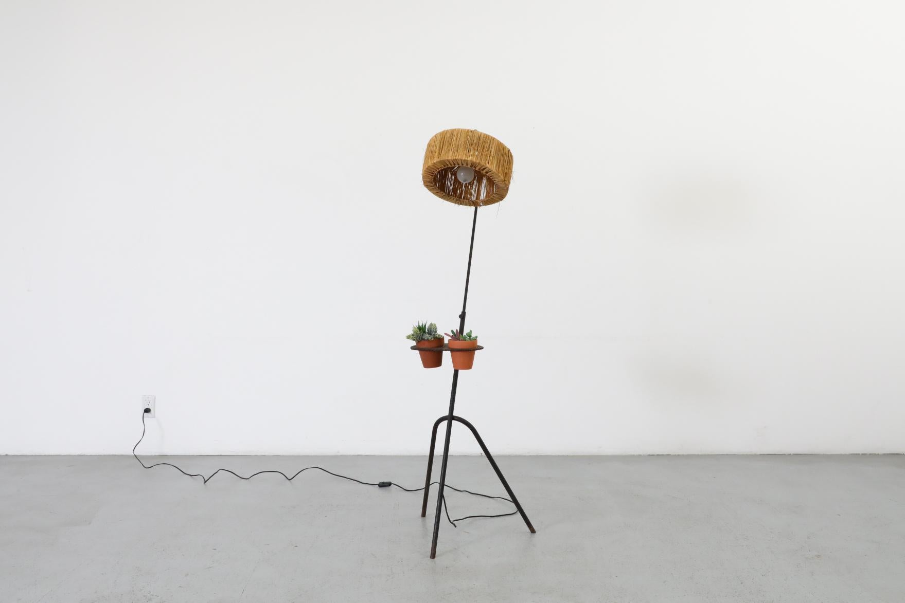 Enameled Mathieu Mategot Style Floor Lamp with Perforated Table and Grass Shade For Sale
