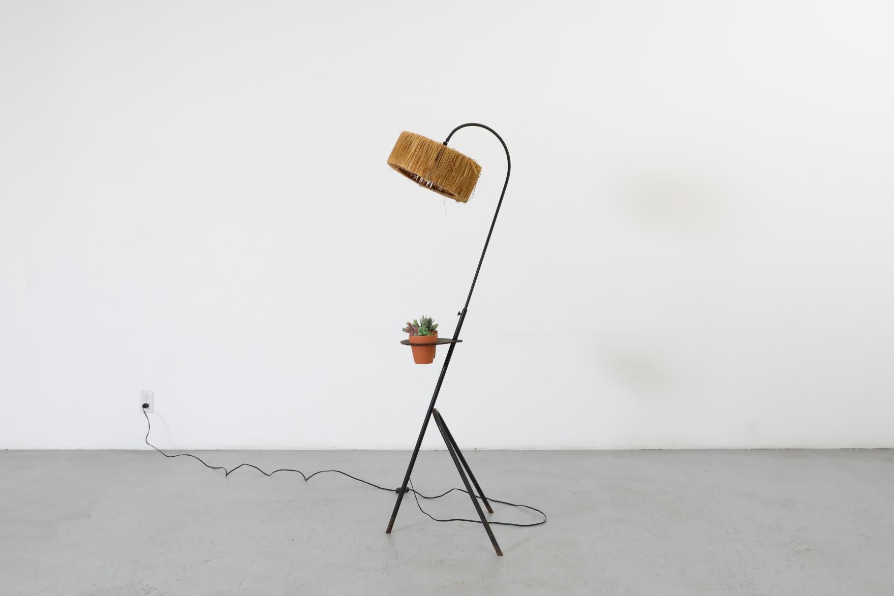 Mathieu Mategot Style Floor Lamp with Perforated Table and Grass Shade In Good Condition For Sale In Los Angeles, CA