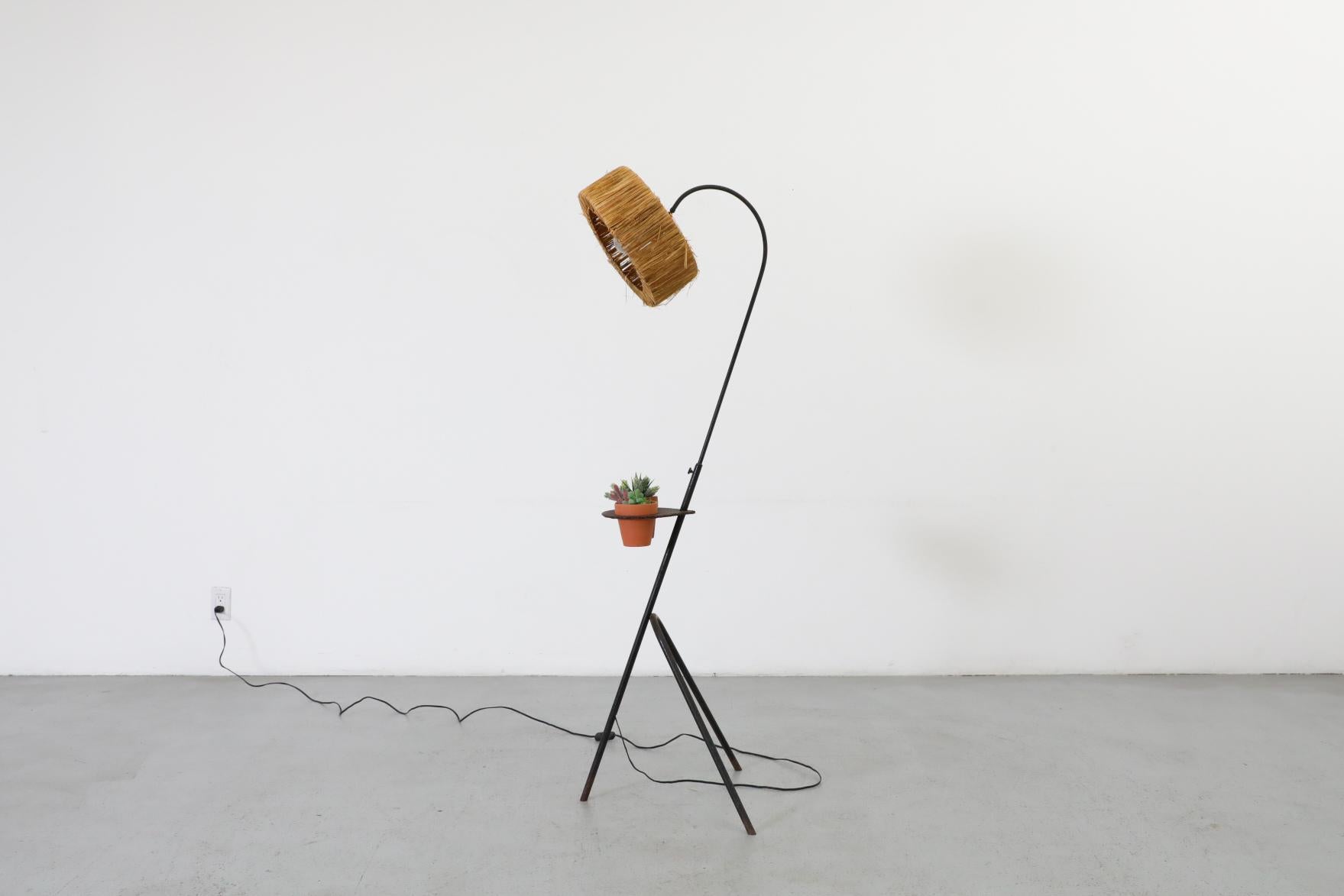 20th Century Mathieu Mategot Style Floor Lamp with Perforated Table and Grass Shade For Sale