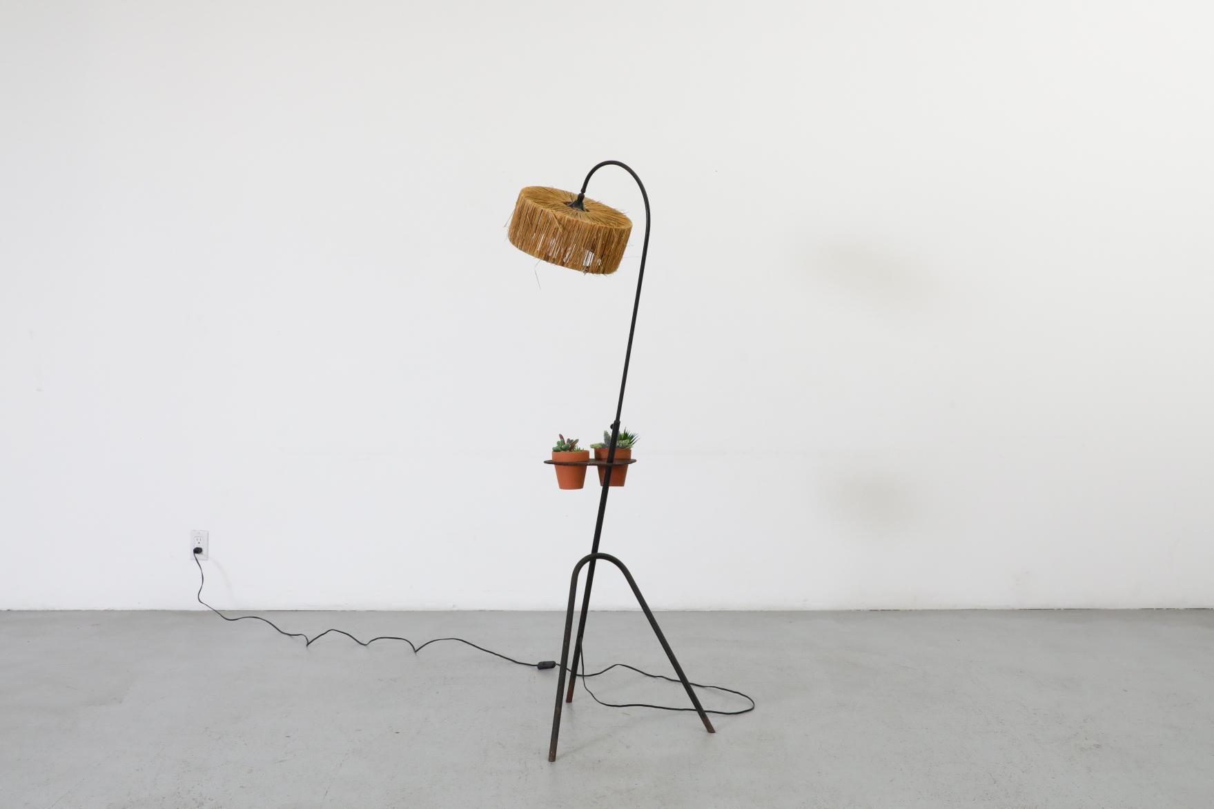 Metal Mathieu Mategot Style Floor Lamp with Perforated Table and Grass Shade For Sale