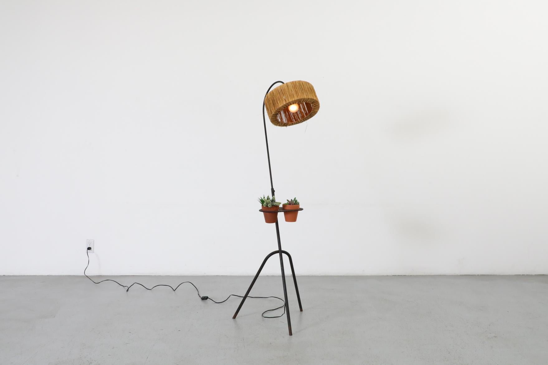 Mathieu Mategot Style Floor Lamp with Perforated Table and Grass Shade For Sale 1