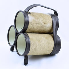 Mathieu Mategot Style Leather and Pony Fur Bottle Holder Wine Rack, circa 1950