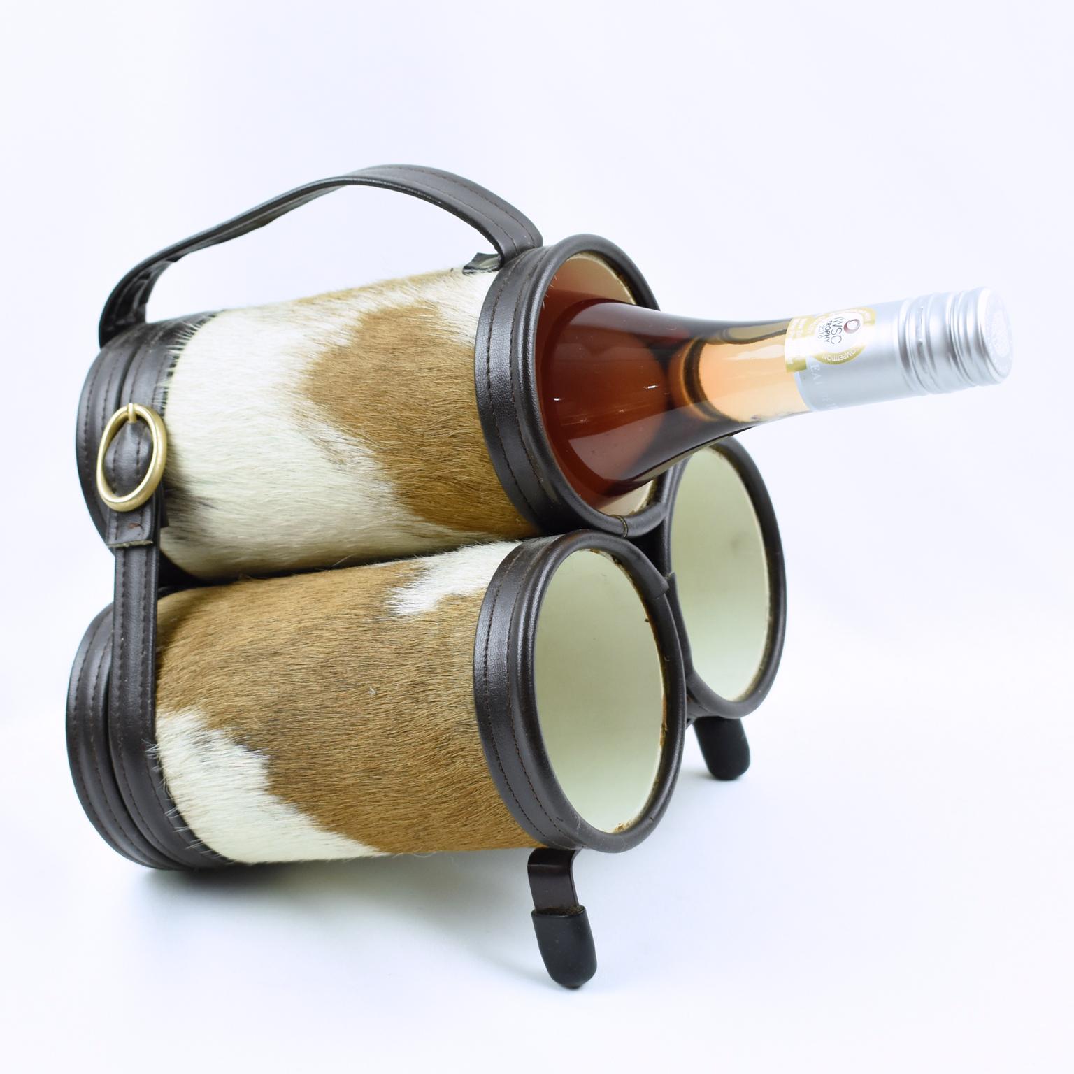 Mid-Century Modern Mathieu Mategot Style Leather and Pony Fur Bottle Holder Wine Rack, circa 1950 For Sale