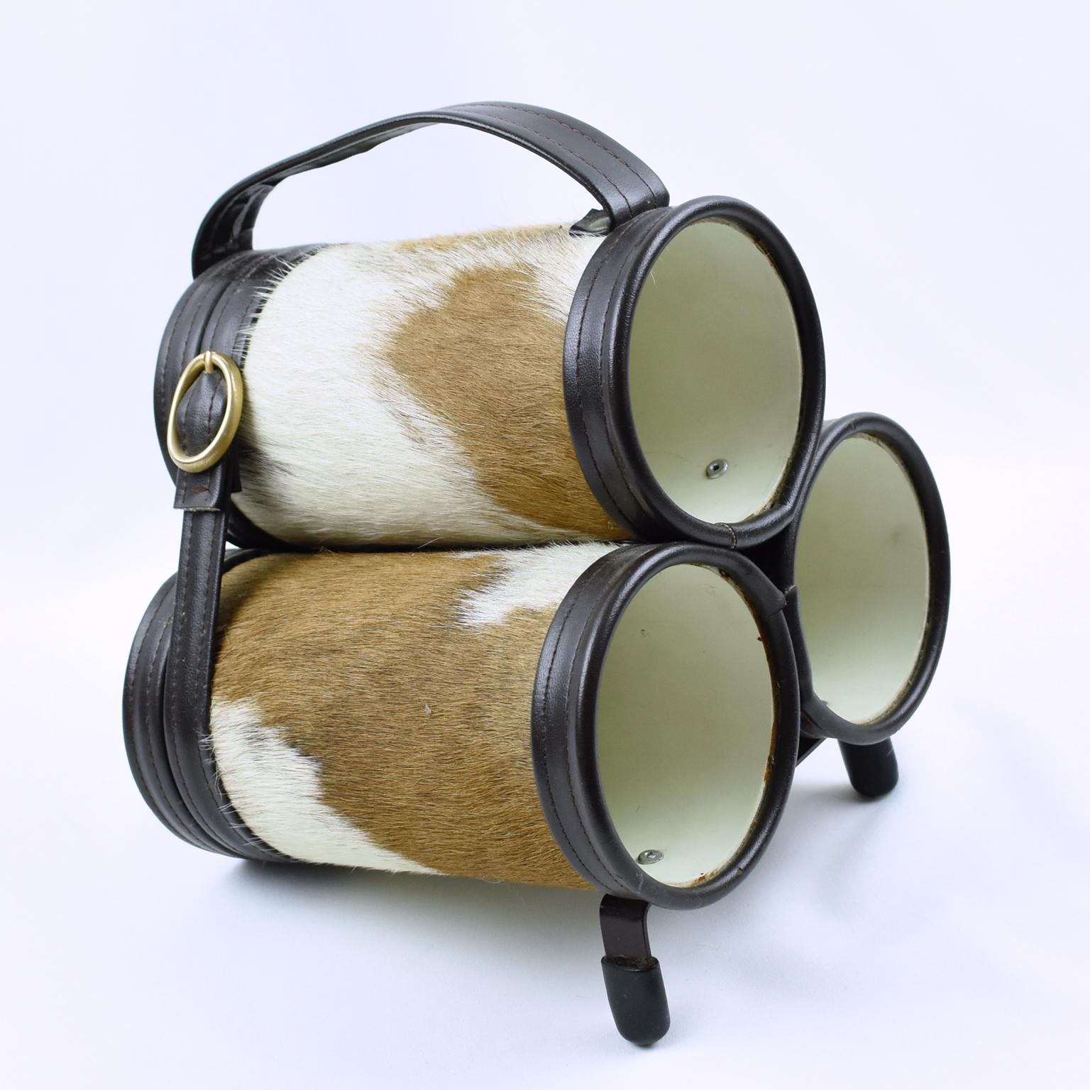 French Mathieu Mategot Style Leather and Pony Fur Bottle Holder Wine Rack, circa 1950 For Sale