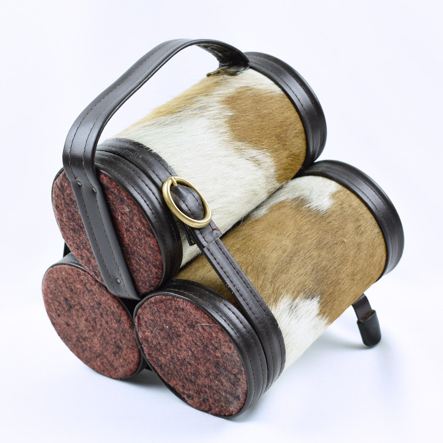 Mathieu Mategot Style Leather and Pony Fur Bottle Holder Wine Rack, circa 1950 In Good Condition For Sale In Atlanta, GA