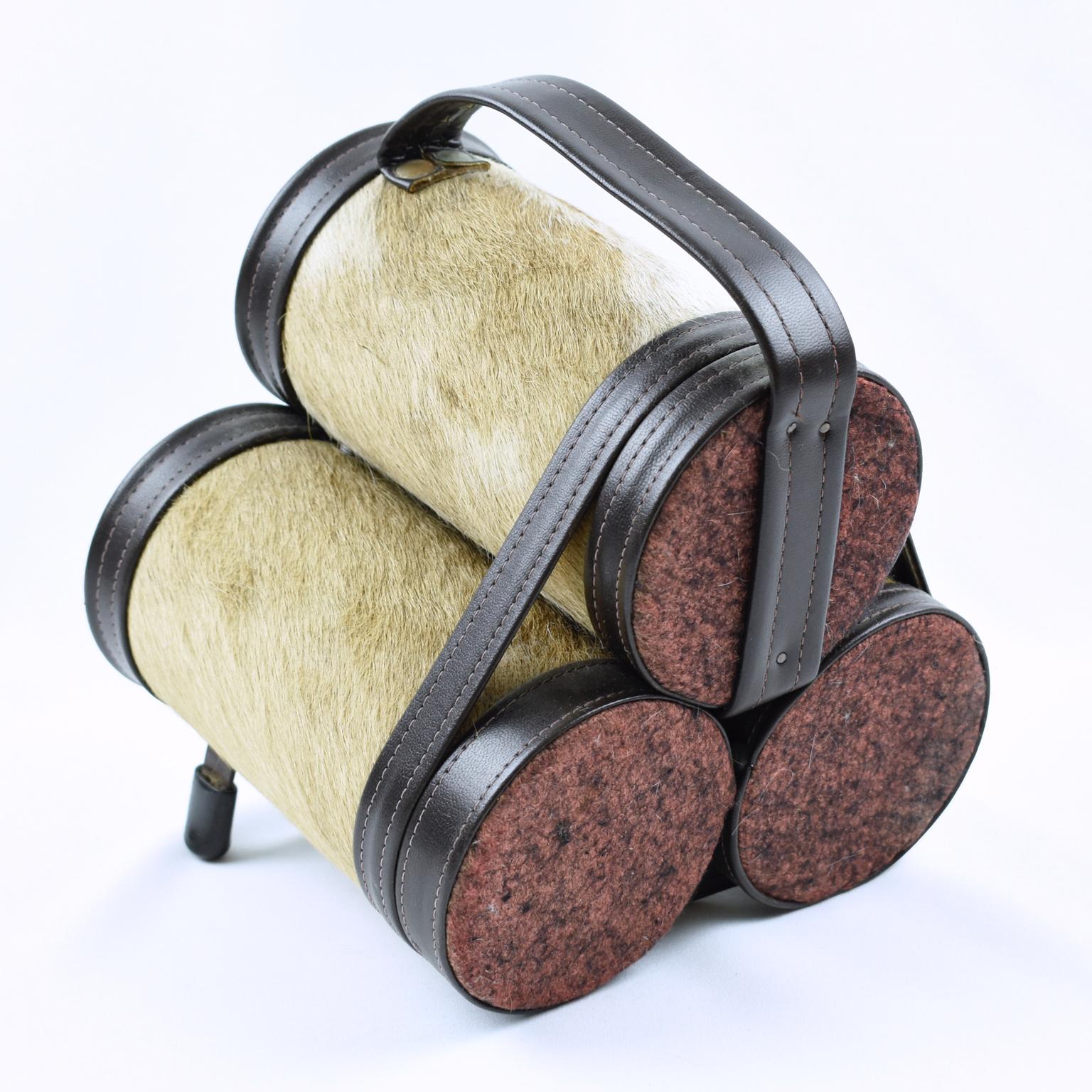 Mid-20th Century Mathieu Mategot Style Leather and Pony Fur Bottle Holder Wine Rack, circa 1950 For Sale
