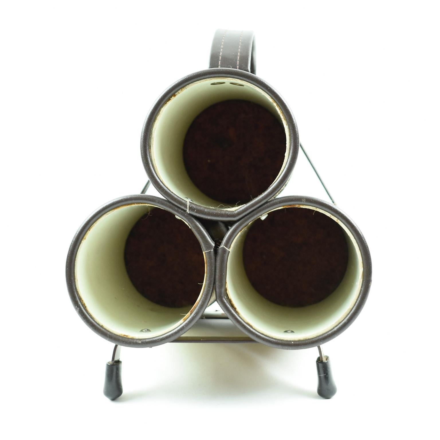 Metal Mathieu Mategot Style Leather and Pony Fur Bottle Holder Wine Rack, circa 1950 For Sale