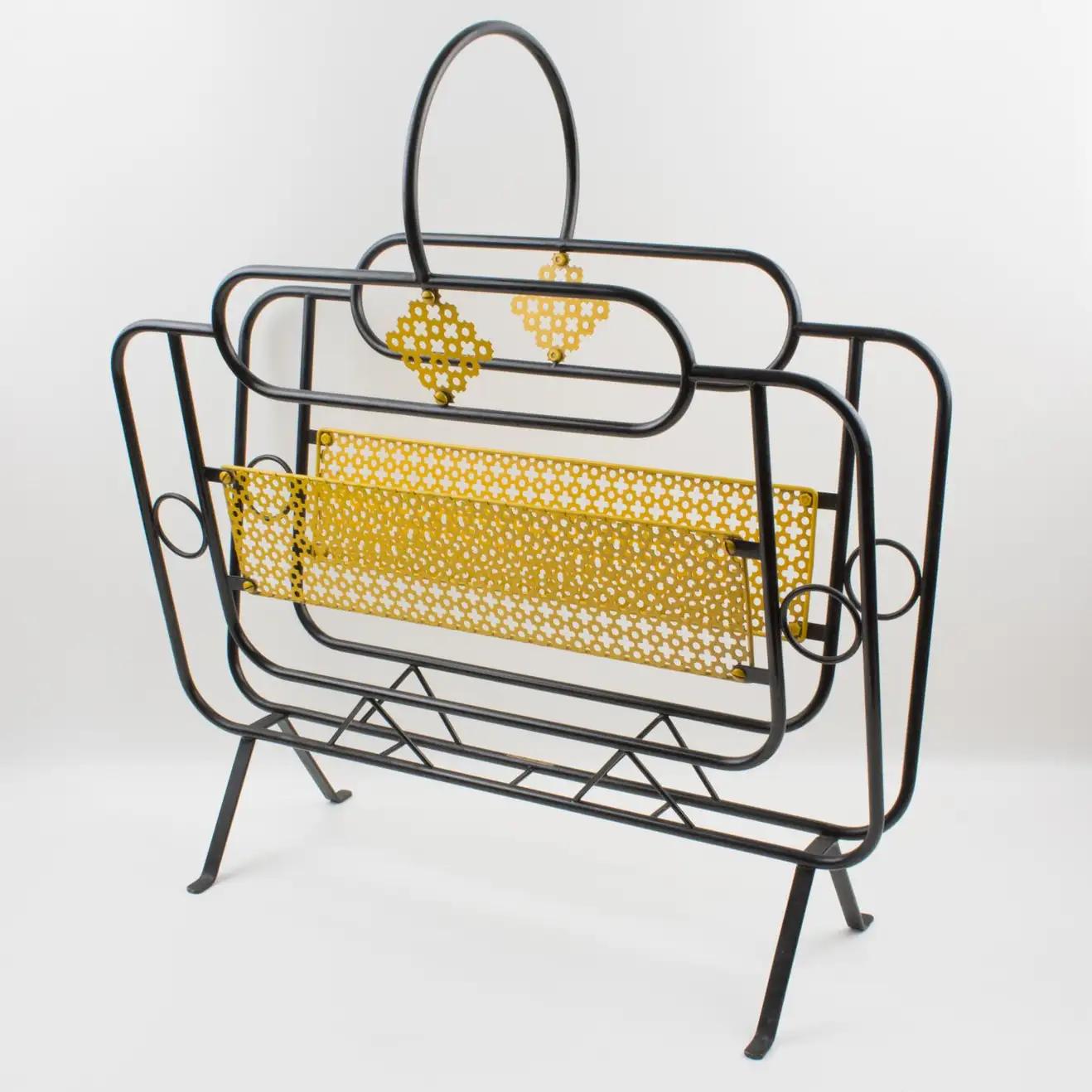 French Mathieu Matégot Style Magazine Holder Rack Yellow and Black Metal For Sale