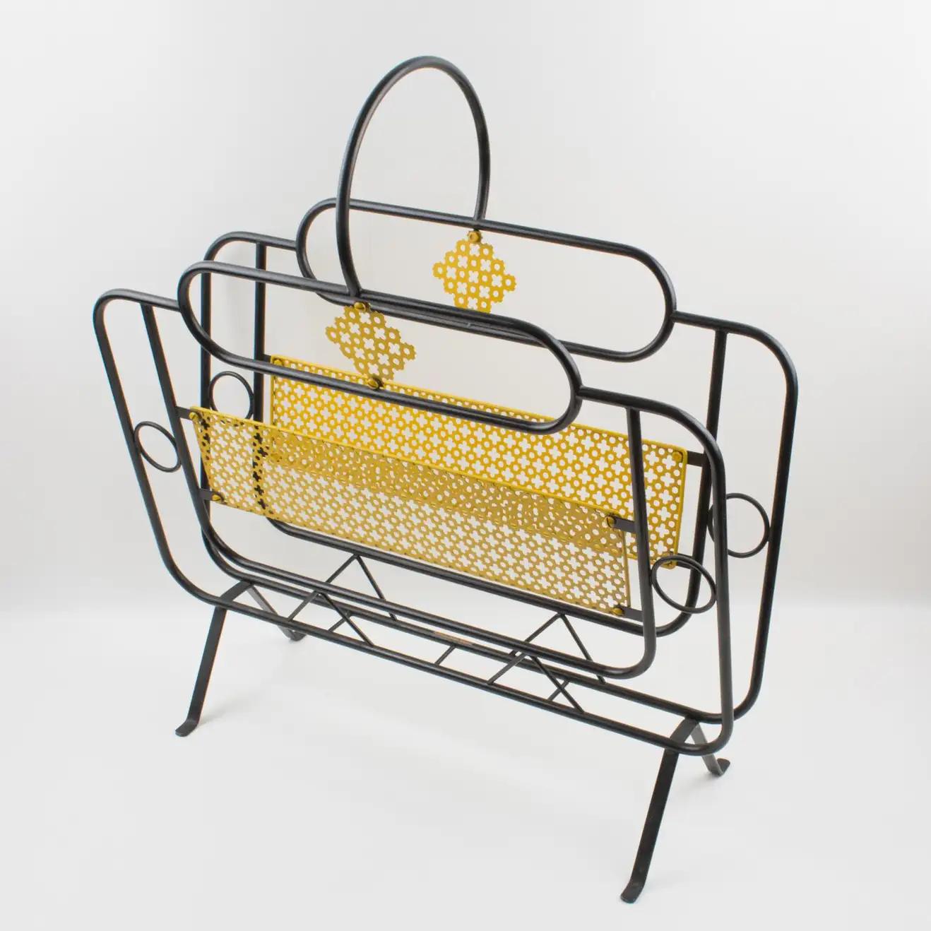 Mathieu Matégot Style Magazine Holder Rack Yellow and Black Metal In Good Condition For Sale In Atlanta, GA