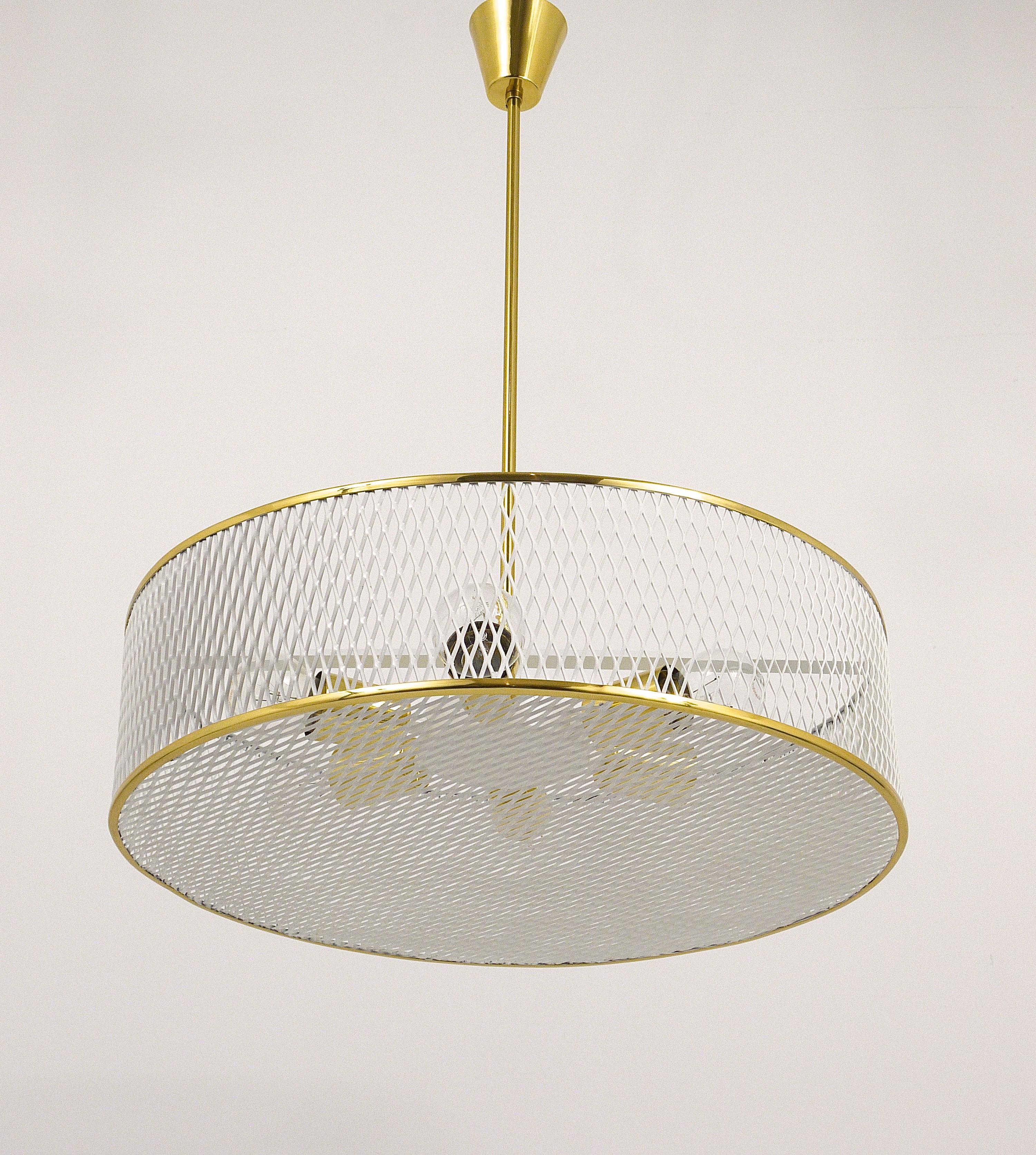 French Mathieu Matégot Style Midcentury Brass Chandelier Pendant Lamp, France, 1950s For Sale