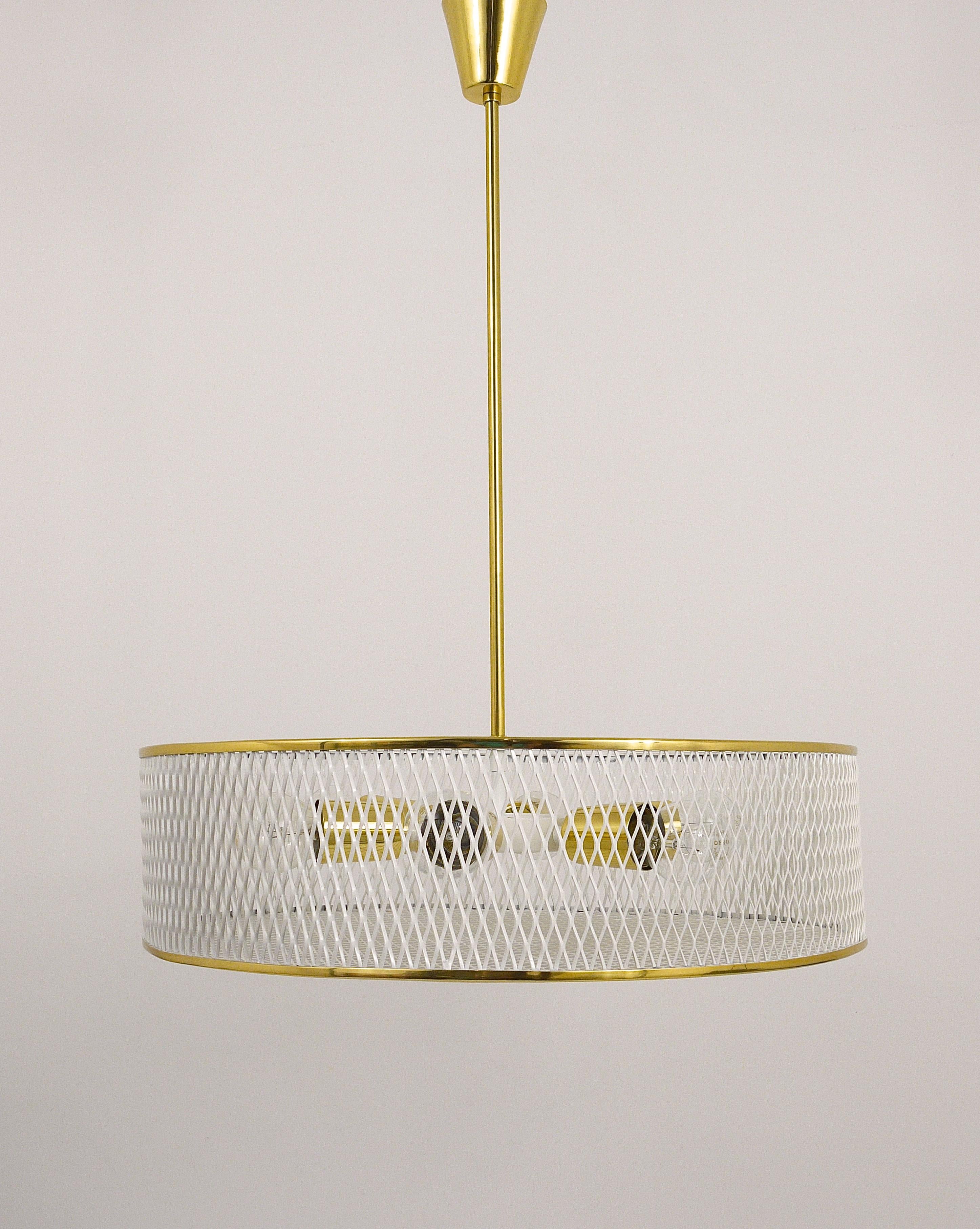 Mathieu Matégot Style Midcentury Brass Chandelier Pendant Lamp, France, 1950s For Sale 1