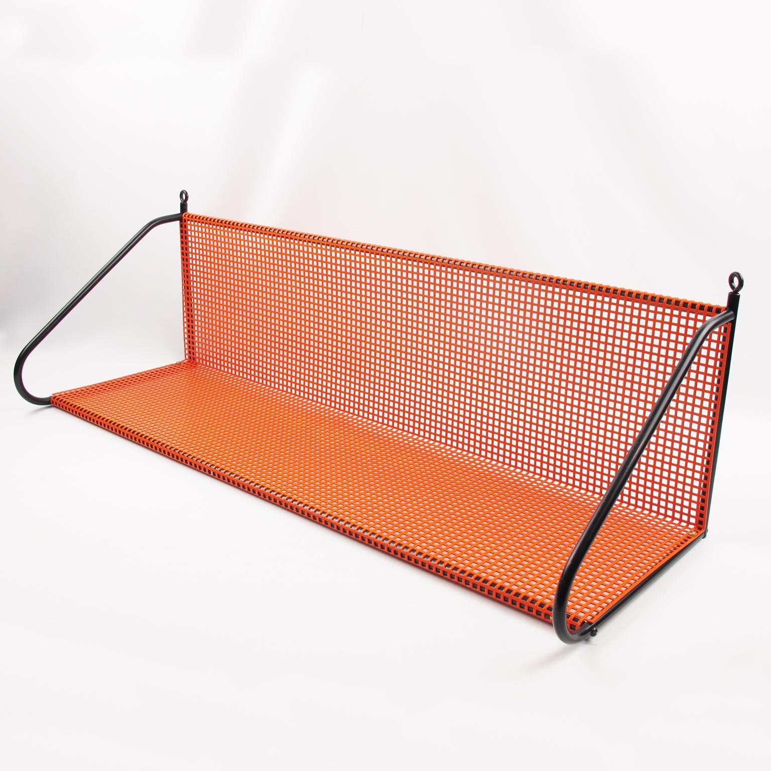 Mid-Century Modern Mathieu Matégot Style Orange and Black Perforated Metal Wall Mounted Shelf