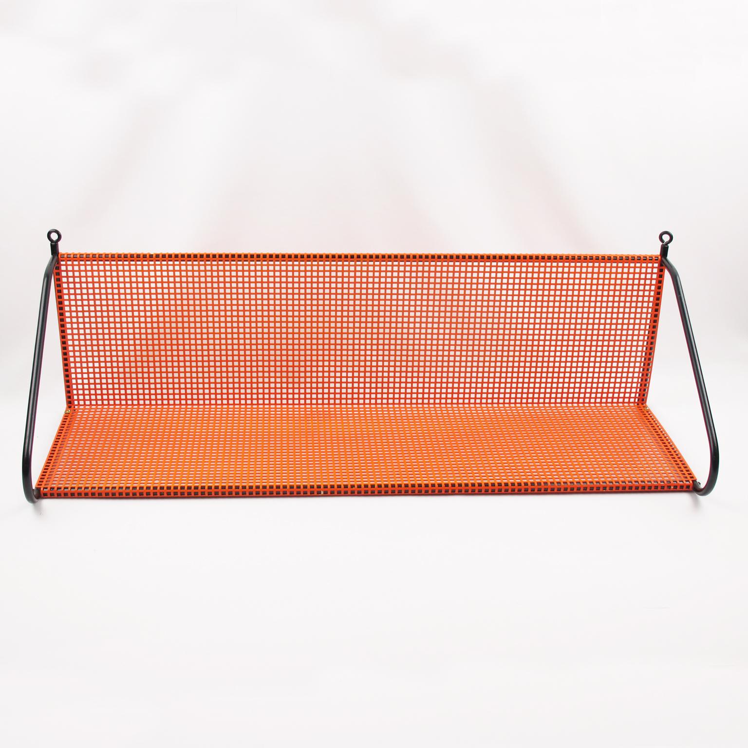 20th Century Mathieu Matégot Style Orange and Black Perforated Metal Wall Mounted Shelf