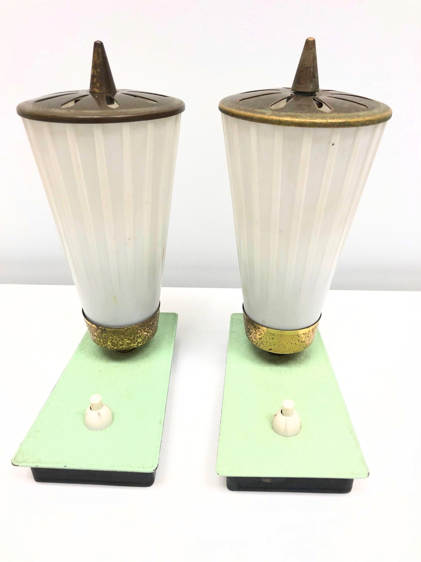 Mid-Century Modern Mathieu Matégot Style Pair of 1950s Perforated Metal Glass Shade Table Lamps
