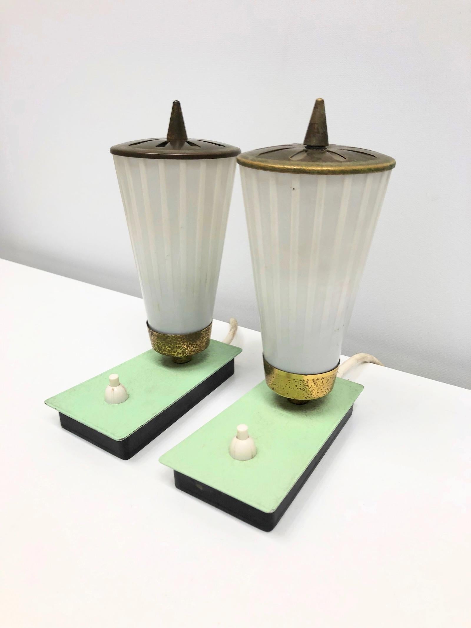 German Mathieu Matégot Style Pair of 1950s Perforated Metal Glass Shade Table Lamps