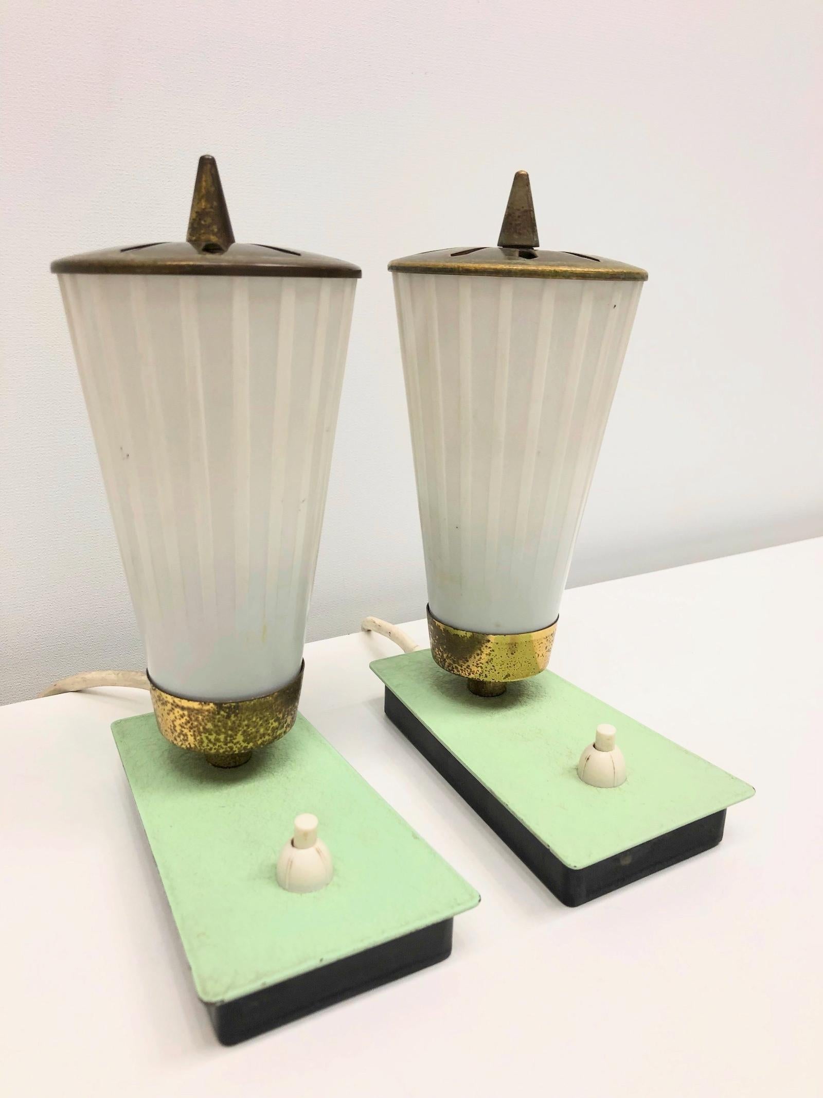 Mathieu Matégot Style Pair of 1950s Perforated Metal Glass Shade Table Lamps In Good Condition In Nuernberg, DE