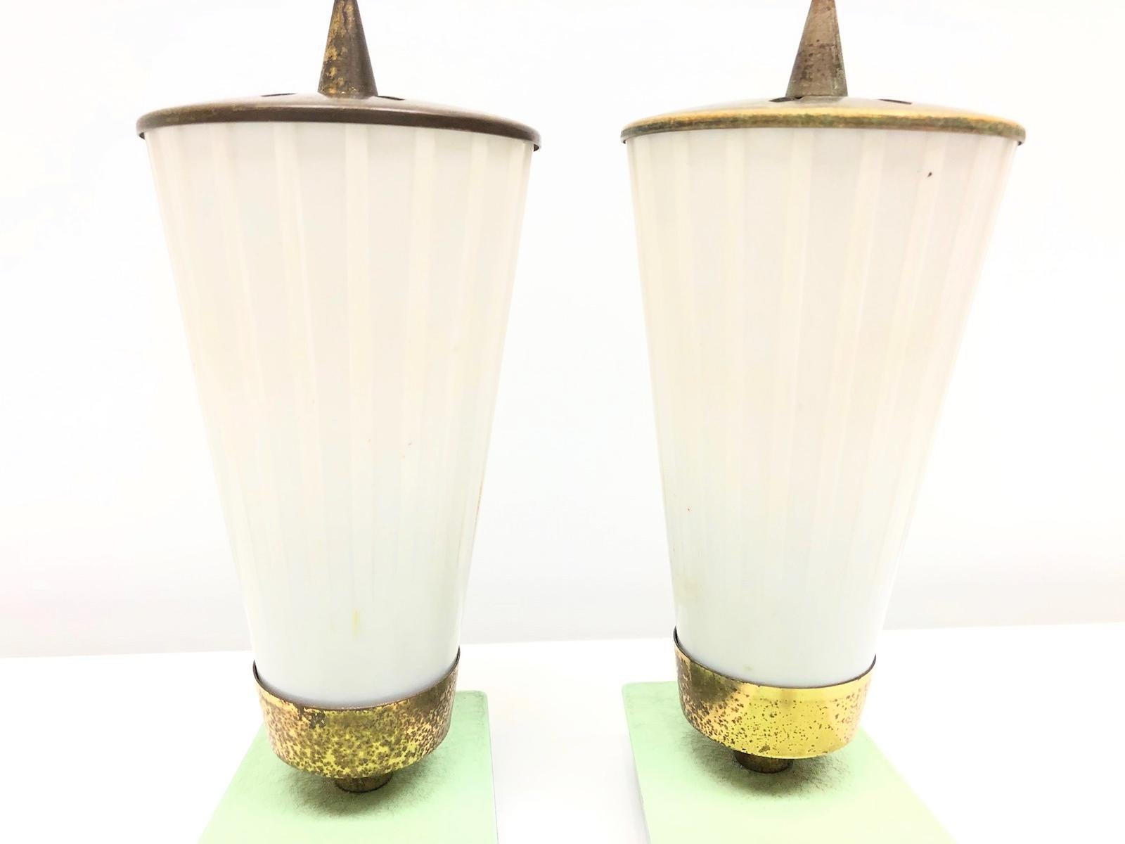 Mathieu Matégot Style Pair of 1950s Perforated Metal Glass Shade Table Lamps 1