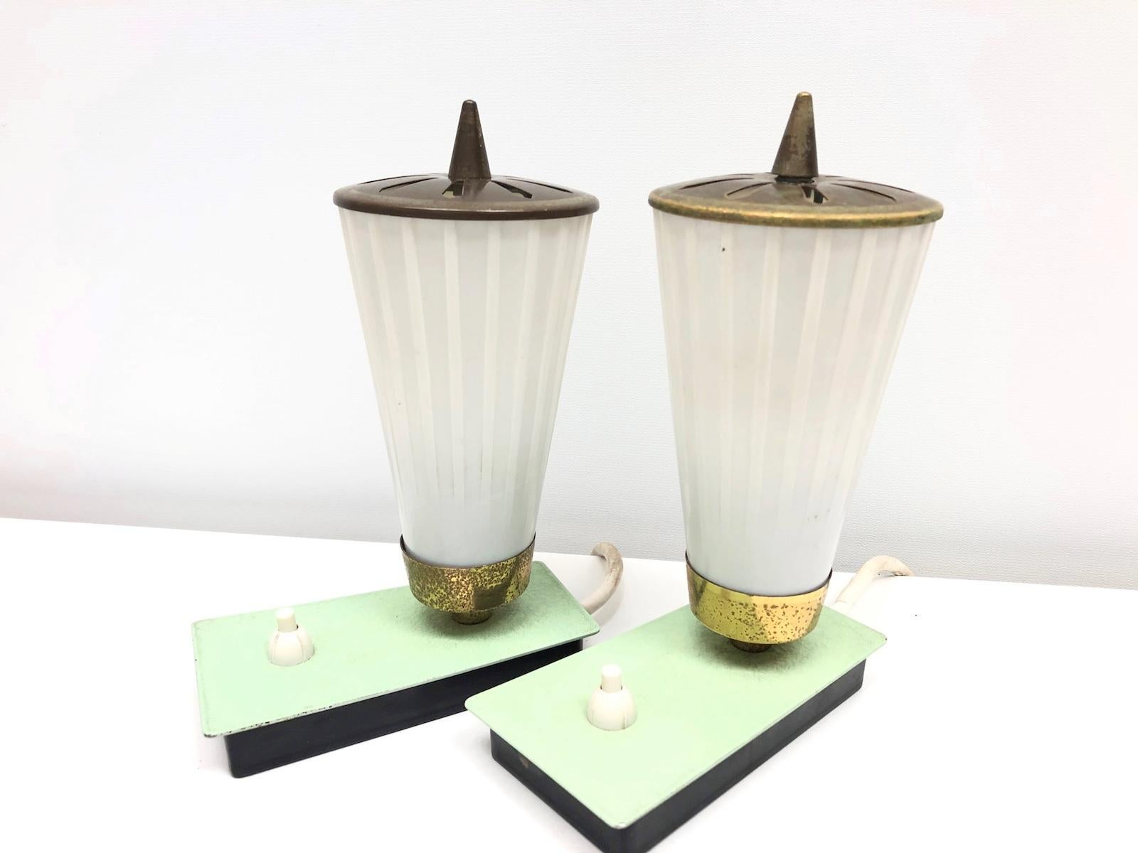 Mathieu Matégot Style Pair of 1950s Perforated Metal Glass Shade Table Lamps 3