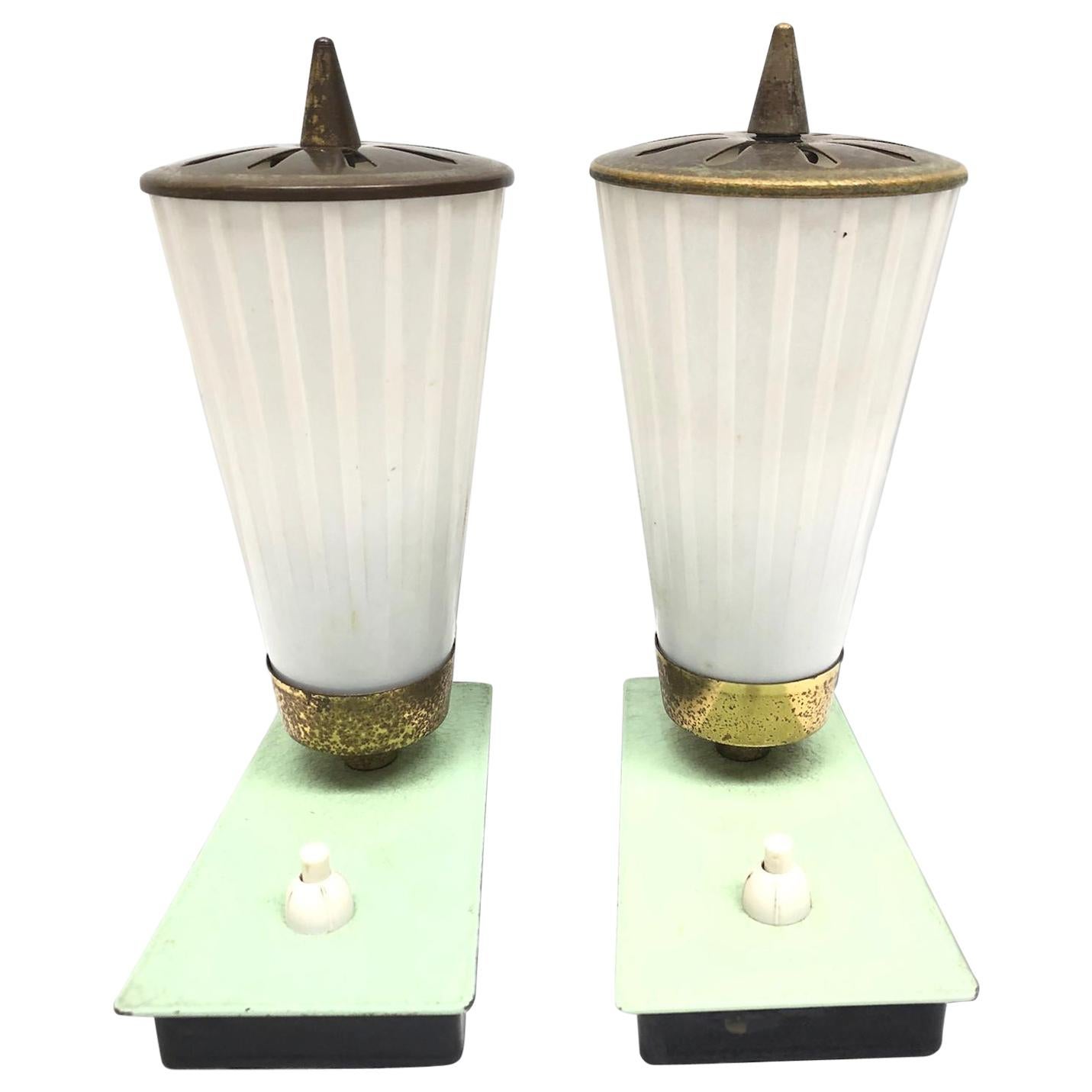 Mathieu Matégot Style Pair of 1950s Perforated Metal Glass Shade Table Lamps