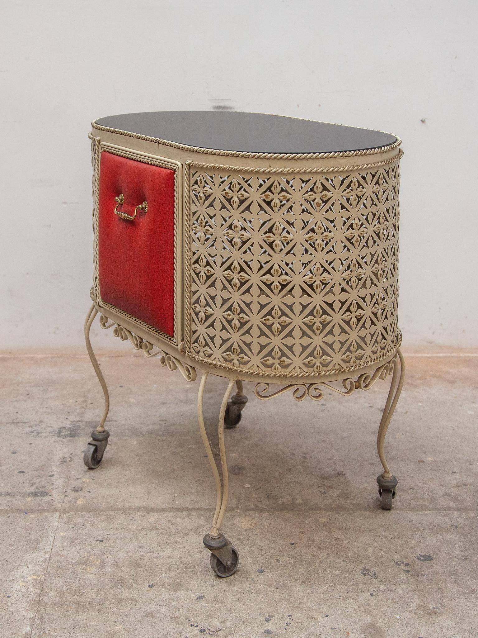 French  Mathieu Matégot style Perforated Metal Bar Cart or Serving Table, 1950s For Sale