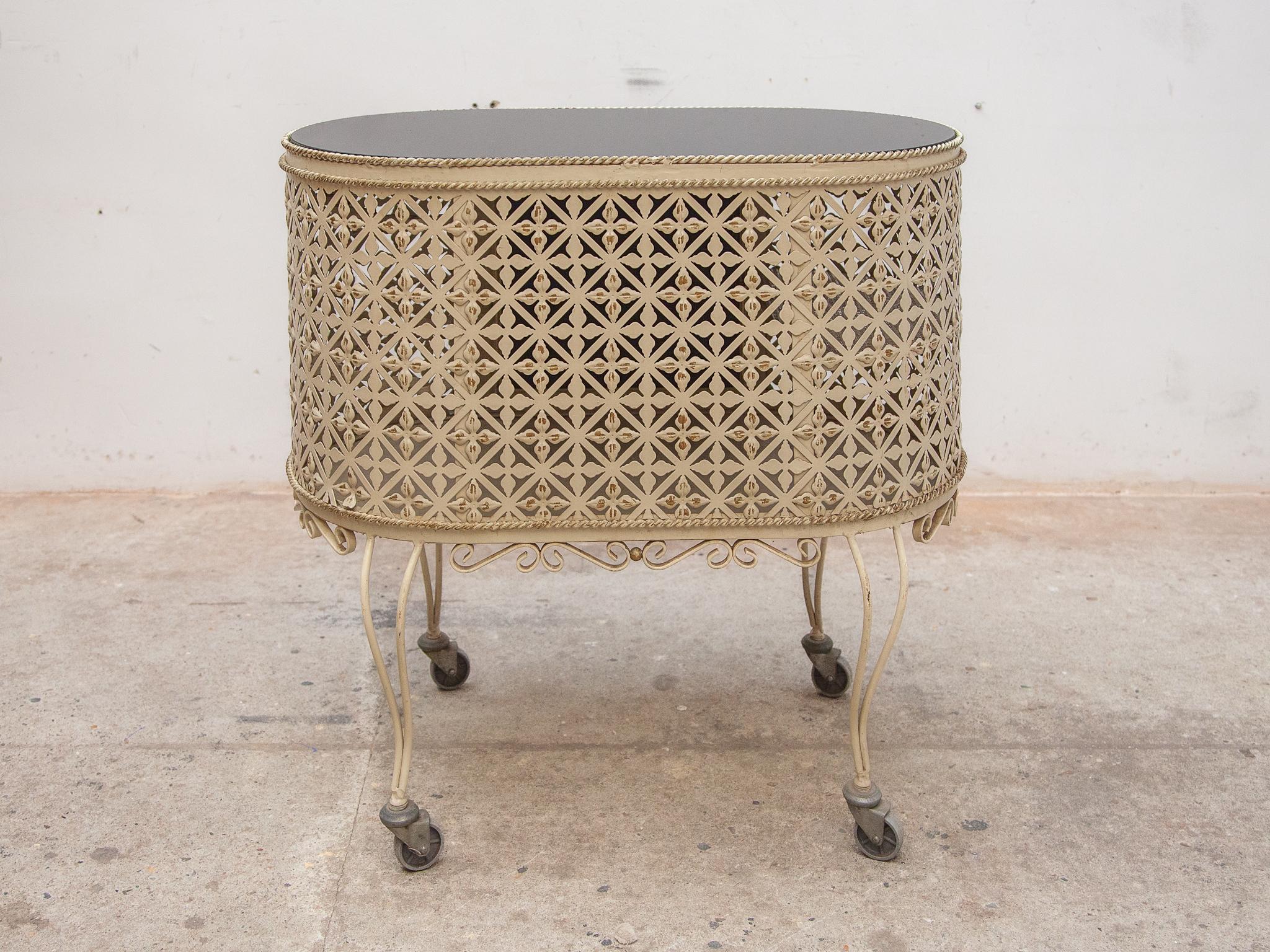  Mathieu Matégot style Perforated Metal Bar Cart or Serving Table, 1950s In Good Condition For Sale In Antwerp, BE