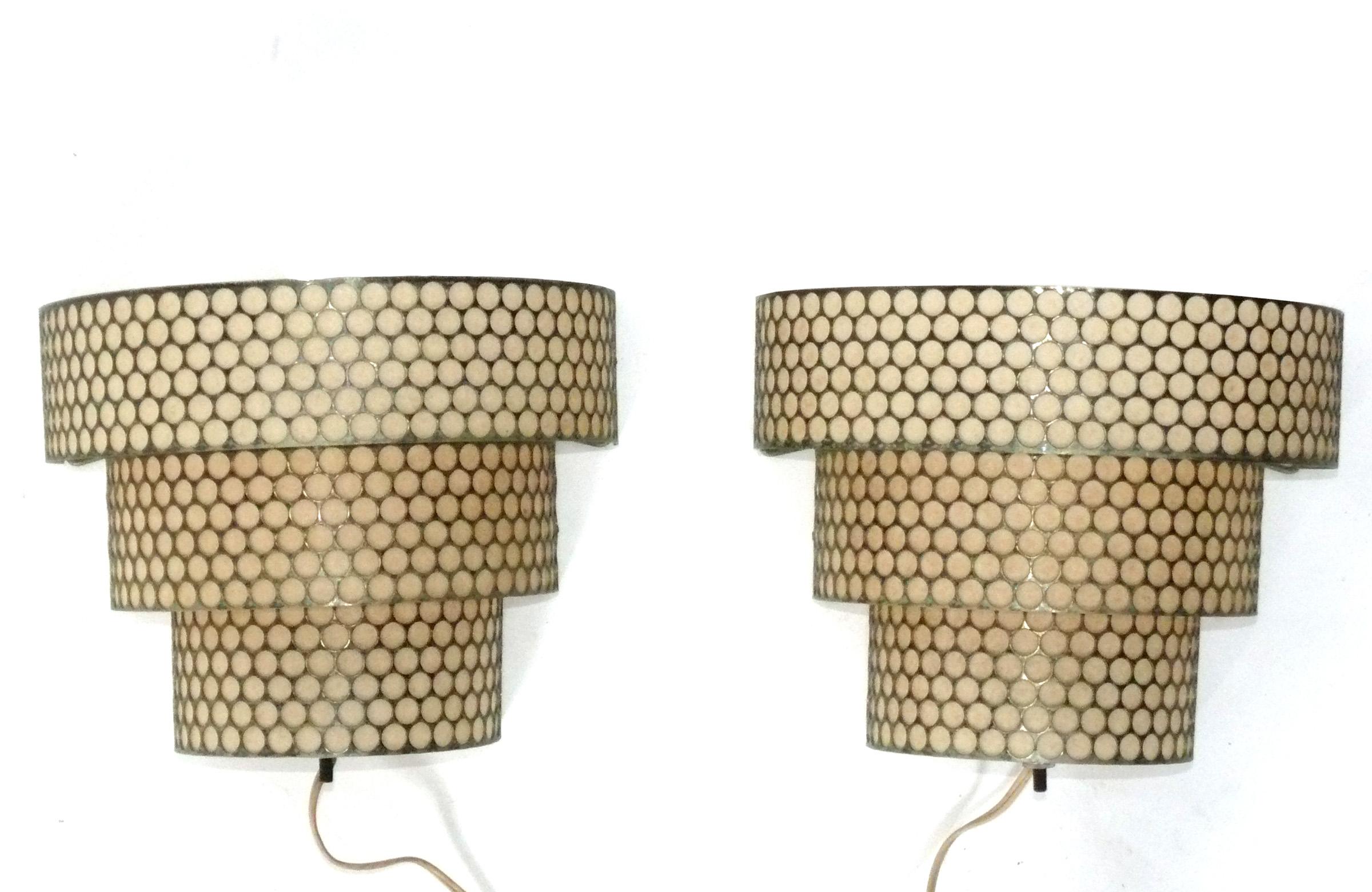 Mathieu Mategot Style Perforated Metal Sconces or Wall Lights In Good Condition In Atlanta, GA