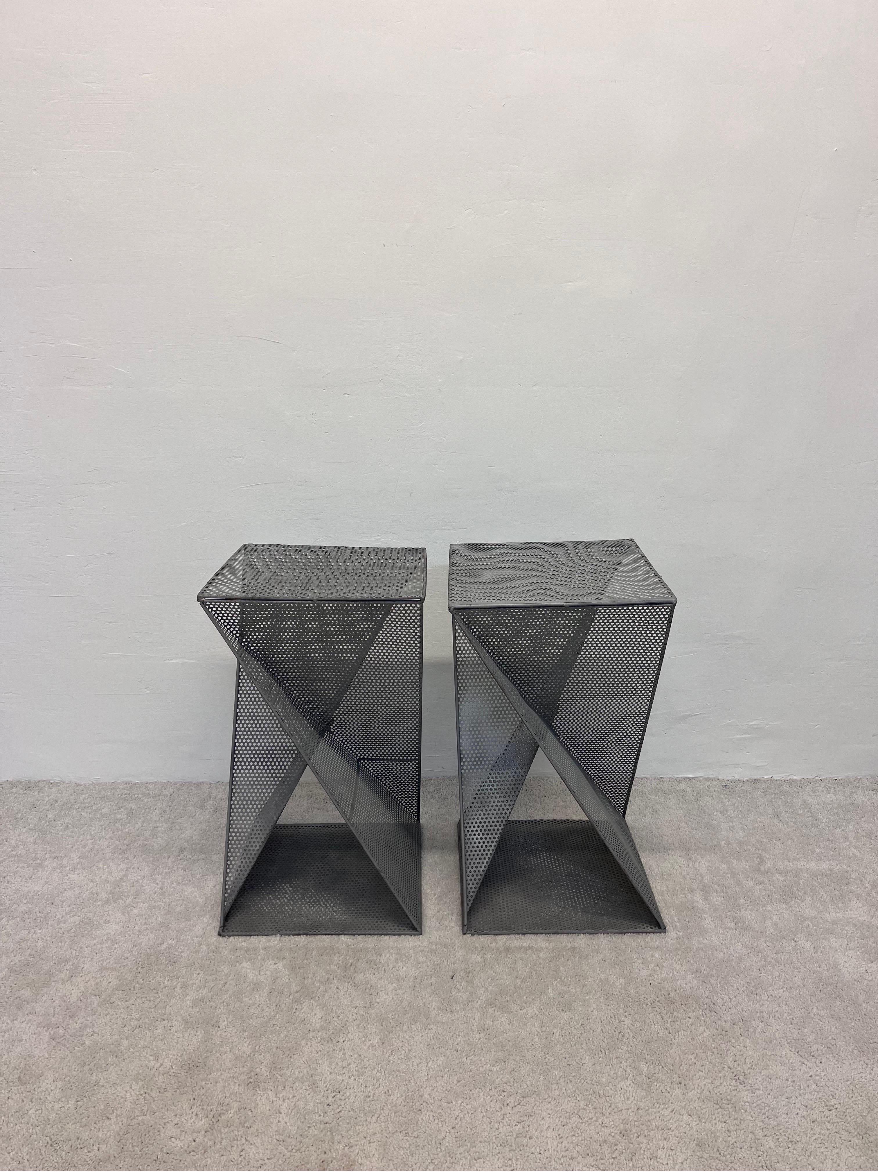 Mathieu Mategot Style Perforated Steel Side Tables, a Pair In Good Condition In Miami, FL