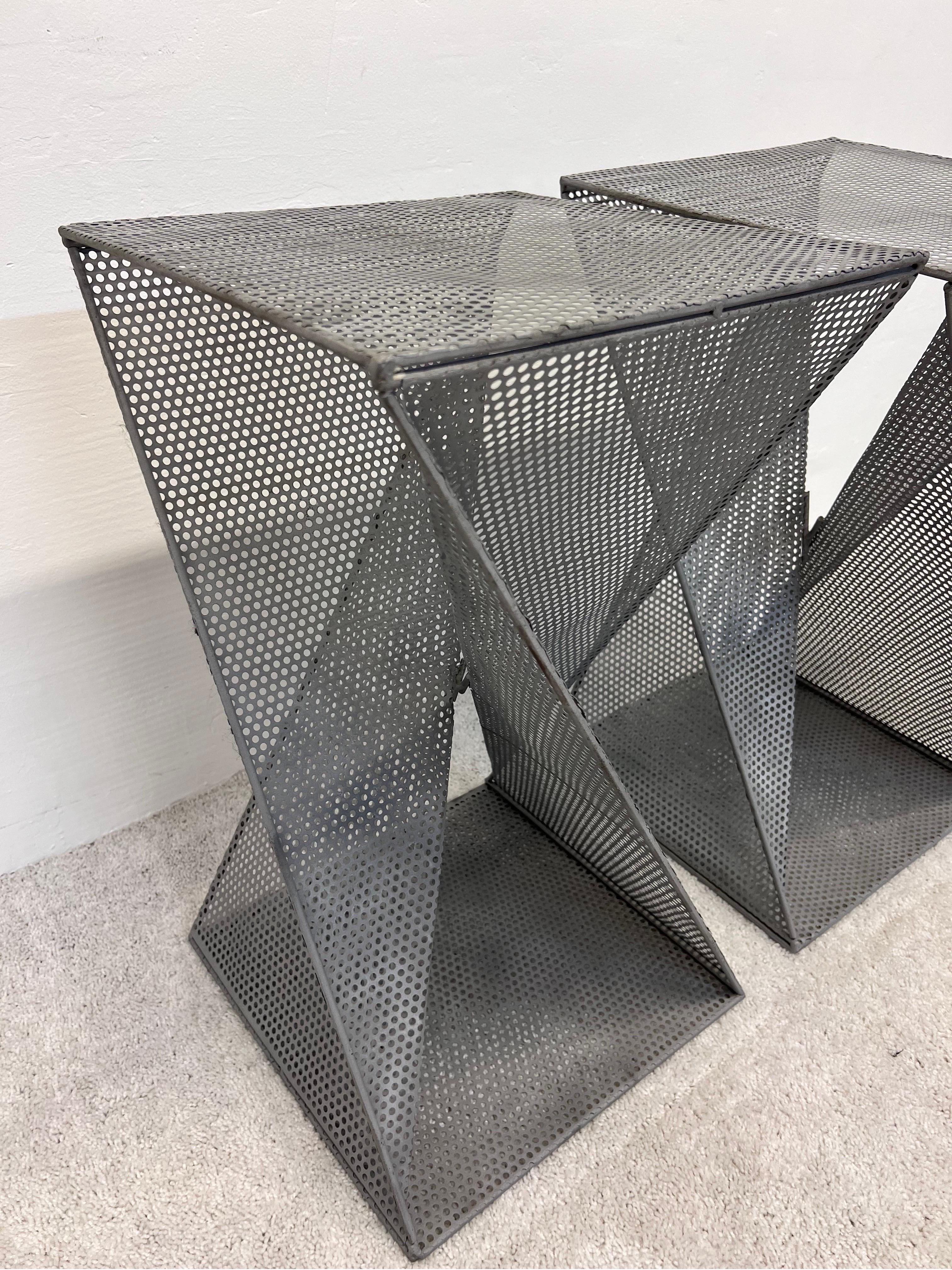 Metal Mathieu Mategot Style Perforated Steel Side Tables, a Pair