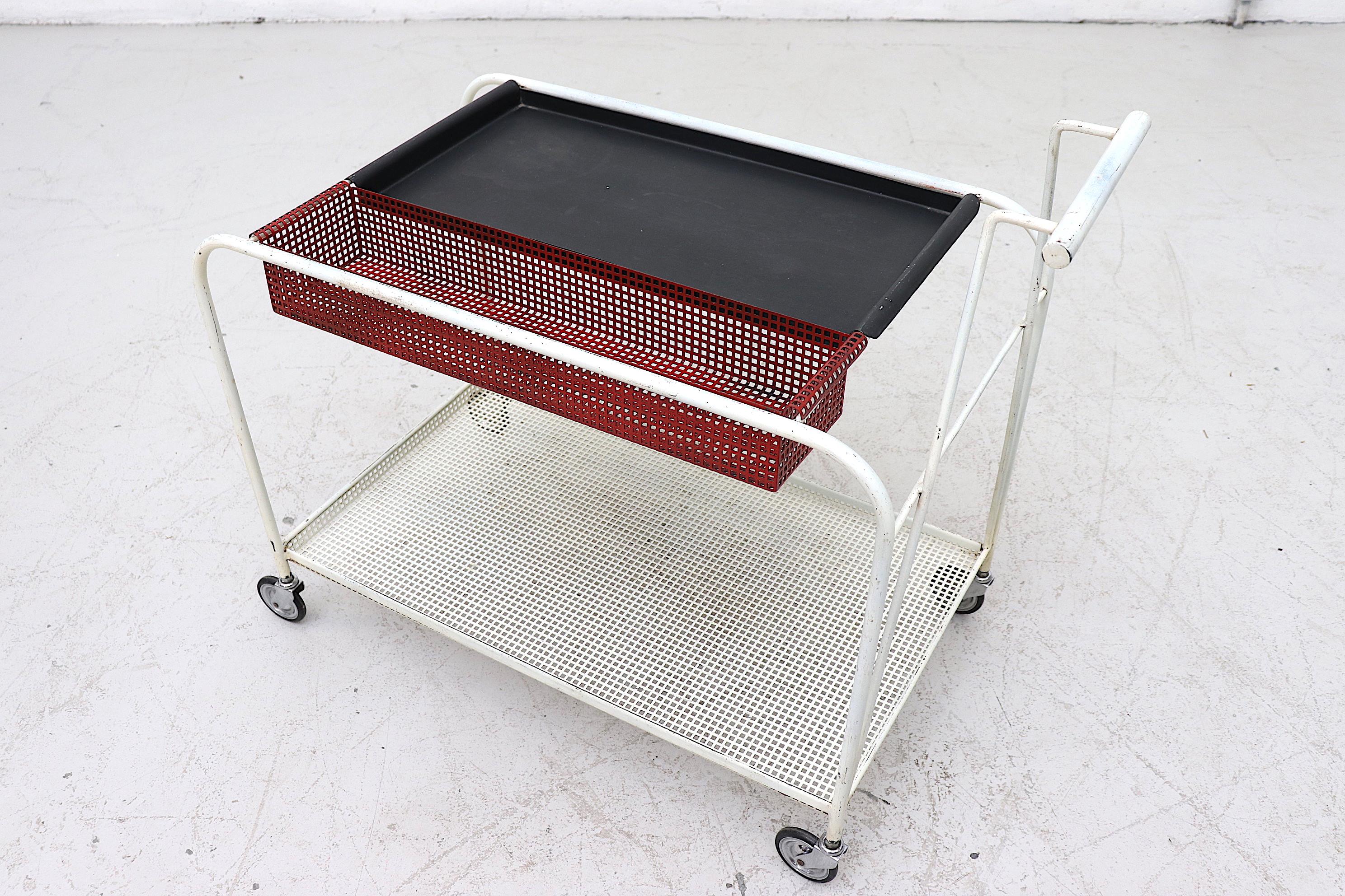 Enameled Mathieu Mategot Style Rolling Bar Cart with Removable Trays