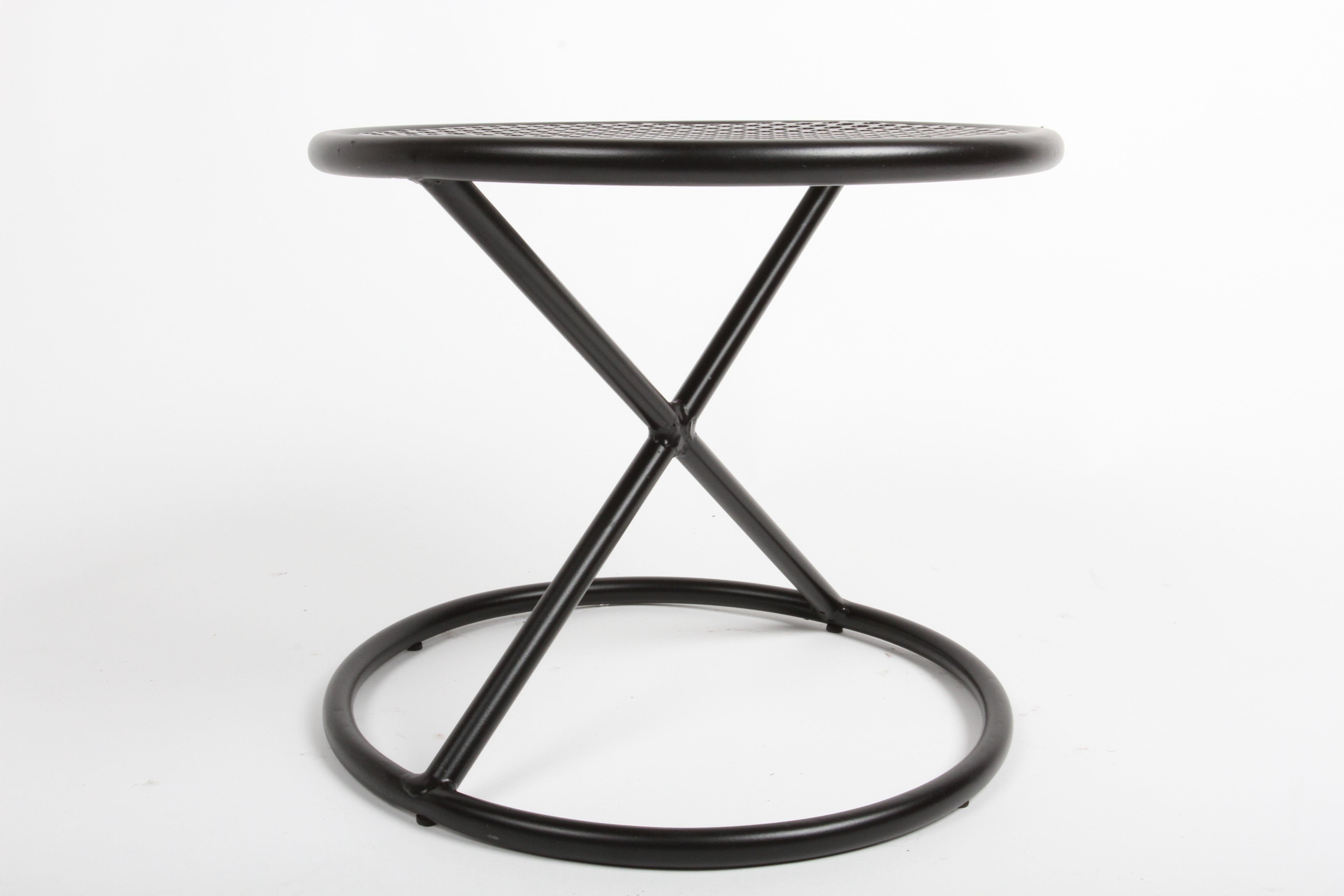 Mathieu Matégot Style Round Patio Side Tables with Perforated Tops & X Supports For Sale 3