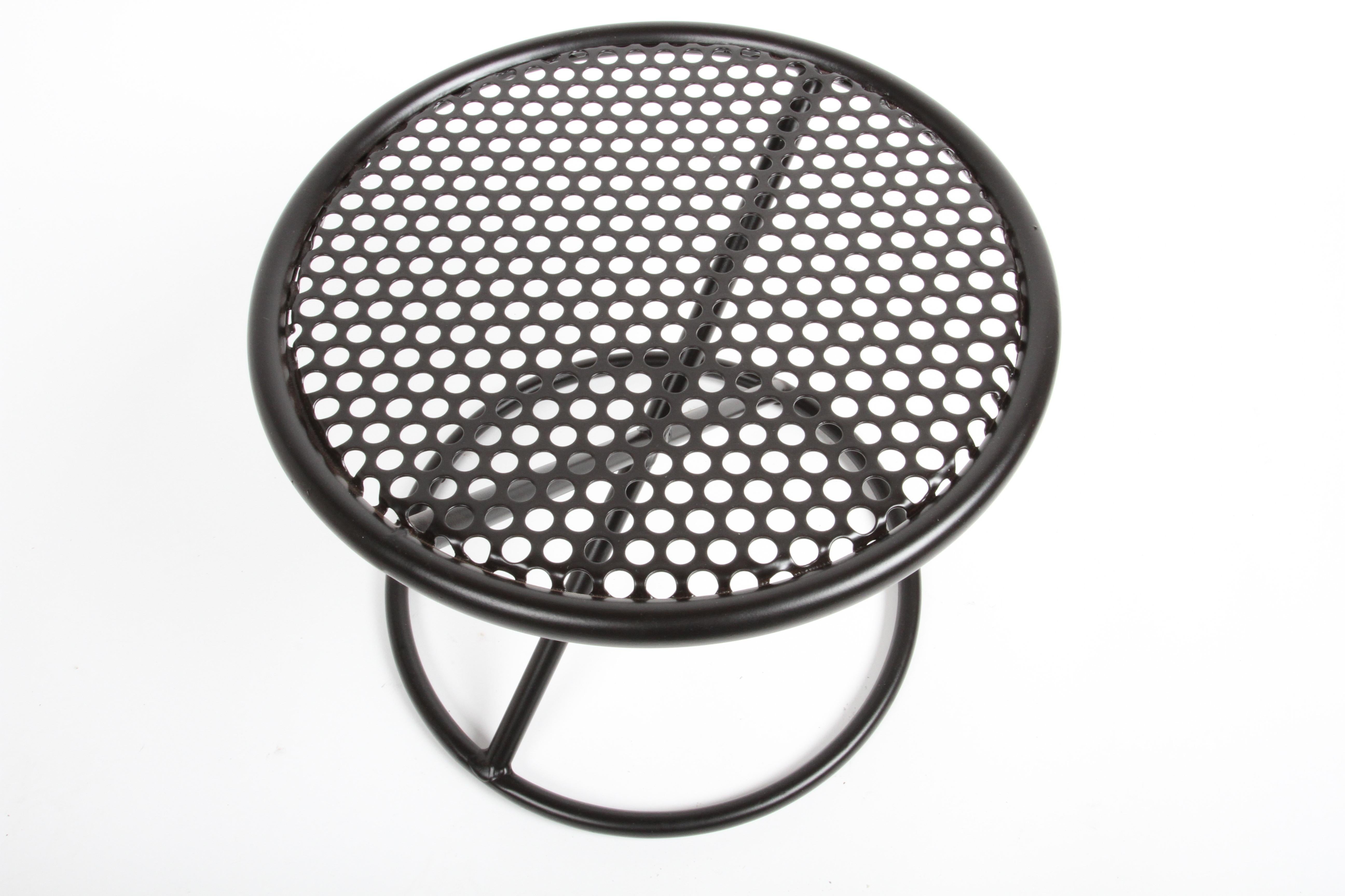 Mathieu Matégot Style Round Patio Side Tables with Perforated Tops & X Supports For Sale 4