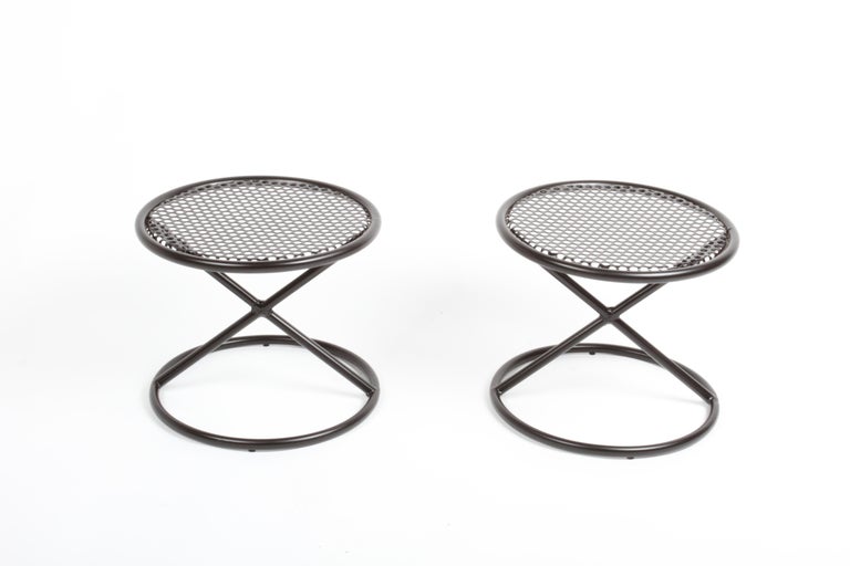 Mid-Century Modern Mathieu Matégot Style Round Patio Side Tables with Perforated Tops & X Supports For Sale