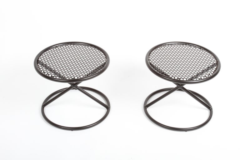 French Mathieu Matégot Style Round Patio Side Tables with Perforated Tops & X Supports For Sale