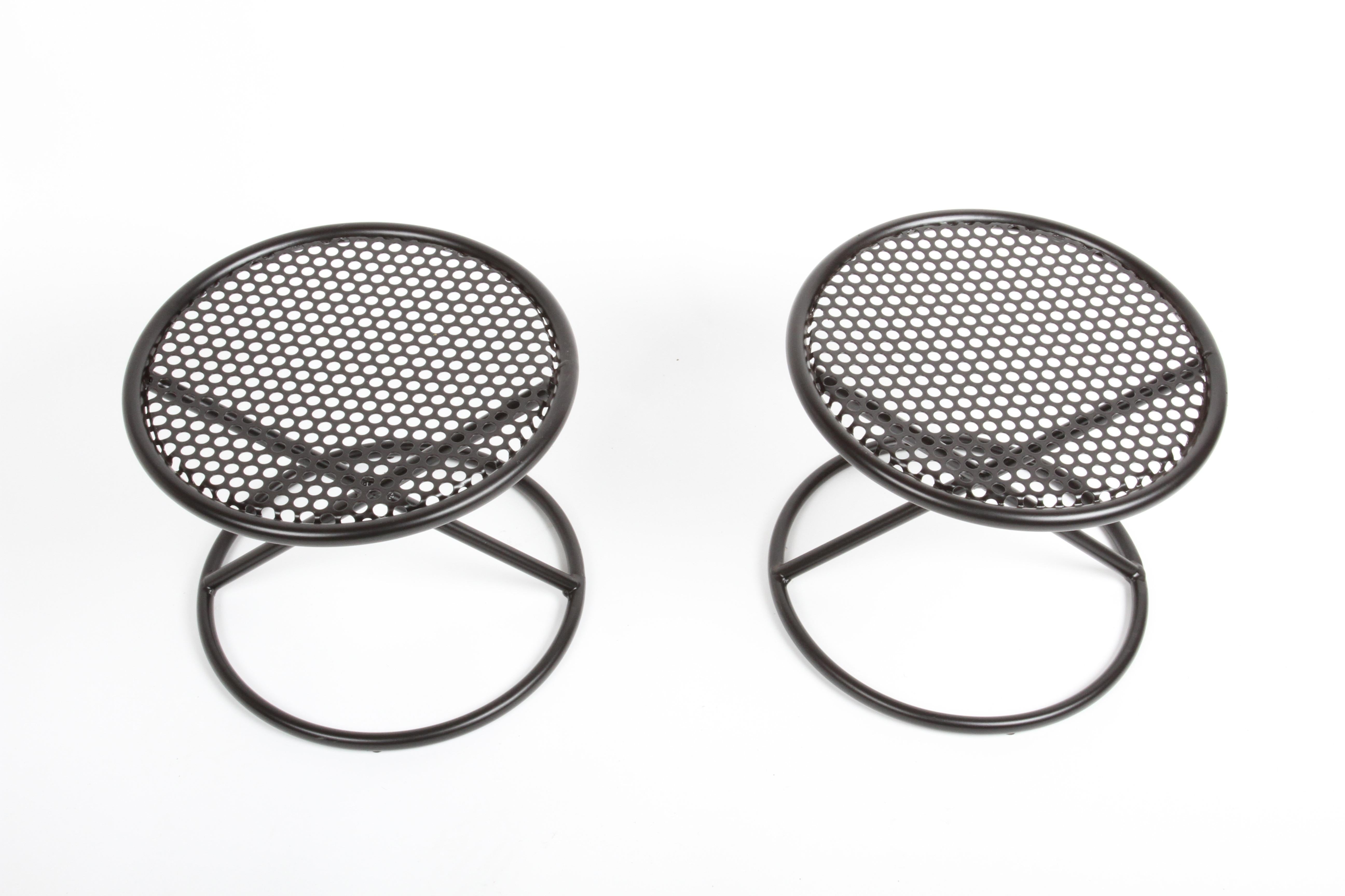 Painted Mathieu Matégot Style Round Patio Side Tables with Perforated Tops & X Supports For Sale