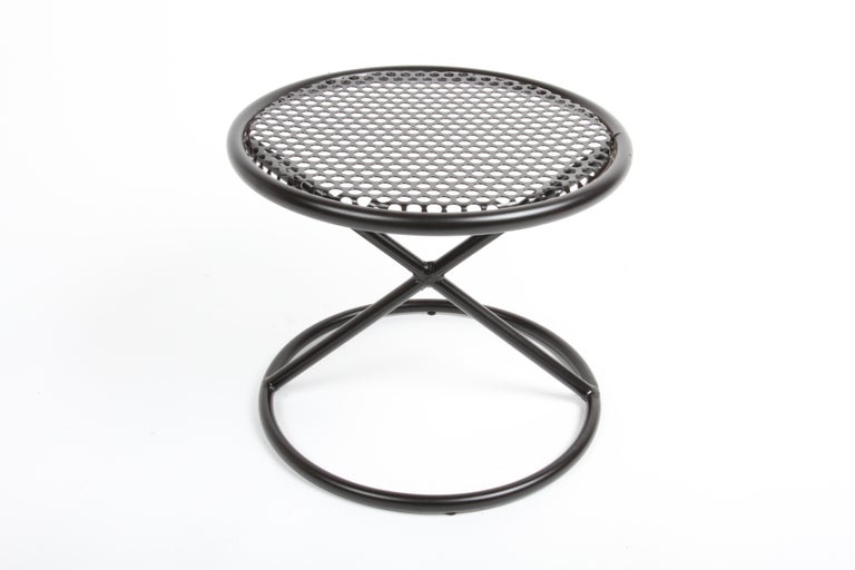 Mathieu Matégot Style Round Patio Side Tables with Perforated Tops & X Supports In Good Condition For Sale In St. Louis, MO