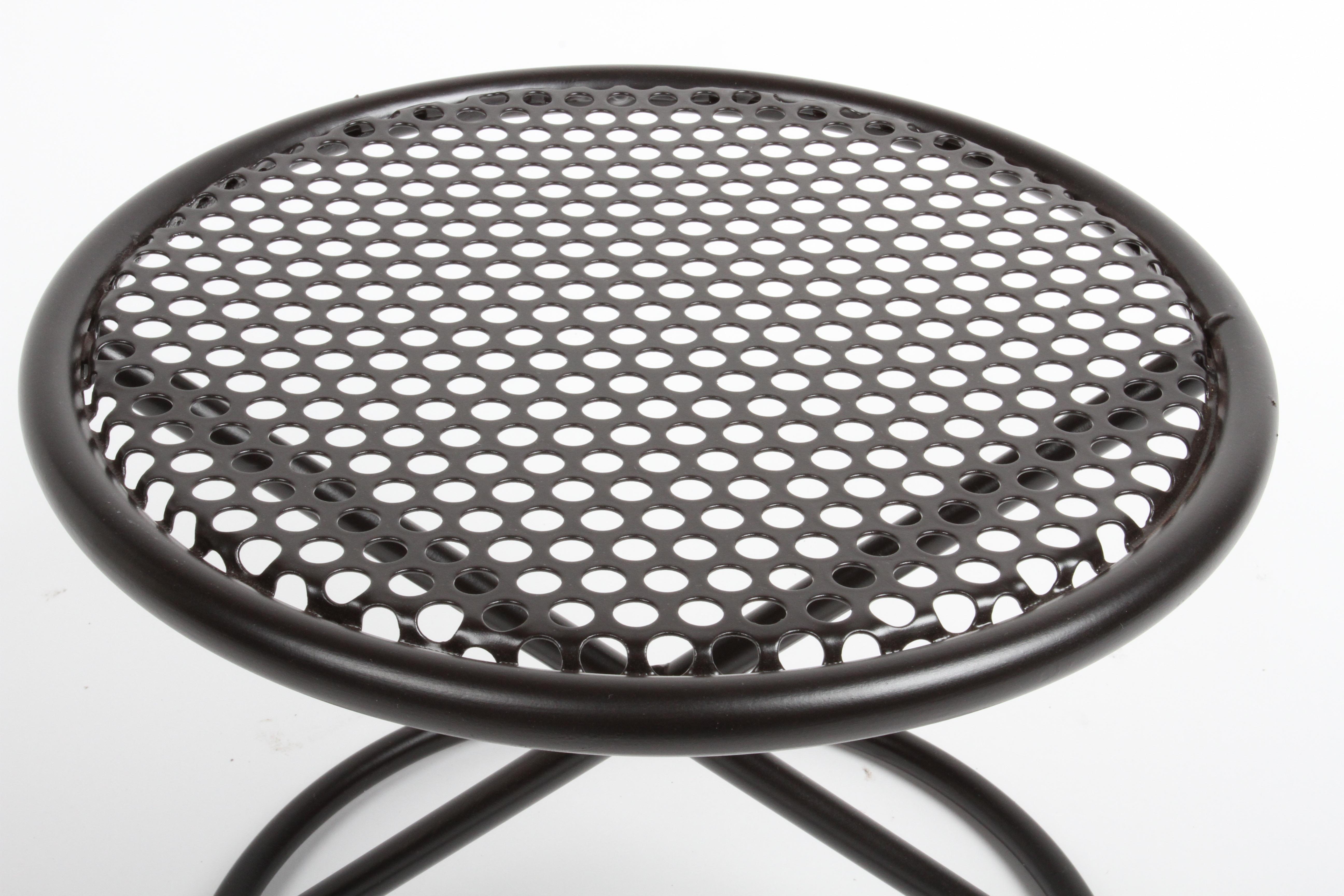 Mid-20th Century Mathieu Matégot Style Round Patio Side Tables with Perforated Tops & X Supports For Sale