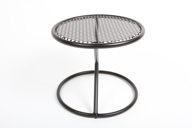 Steel Mathieu Matégot Style Round Patio Side Tables with Perforated Tops & X Supports For Sale