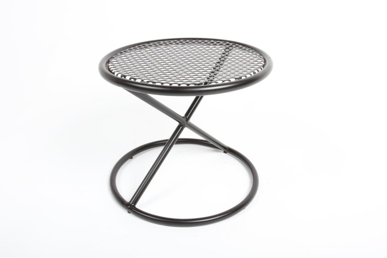 Mathieu Matégot Style Round Patio Side Tables with Perforated Tops & X Supports For Sale 1