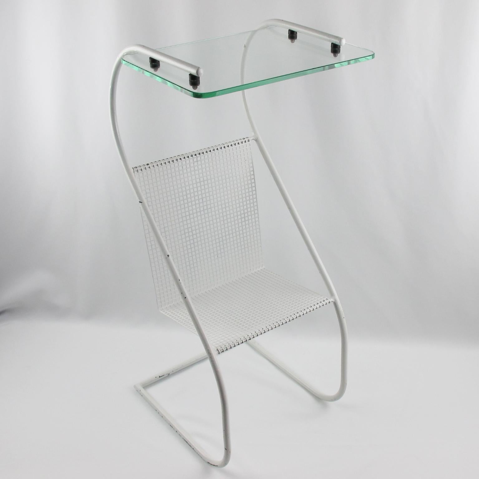 Mid-Century Modern Mathieu Matégot Style White Metal Side Table with Magazine Rack
