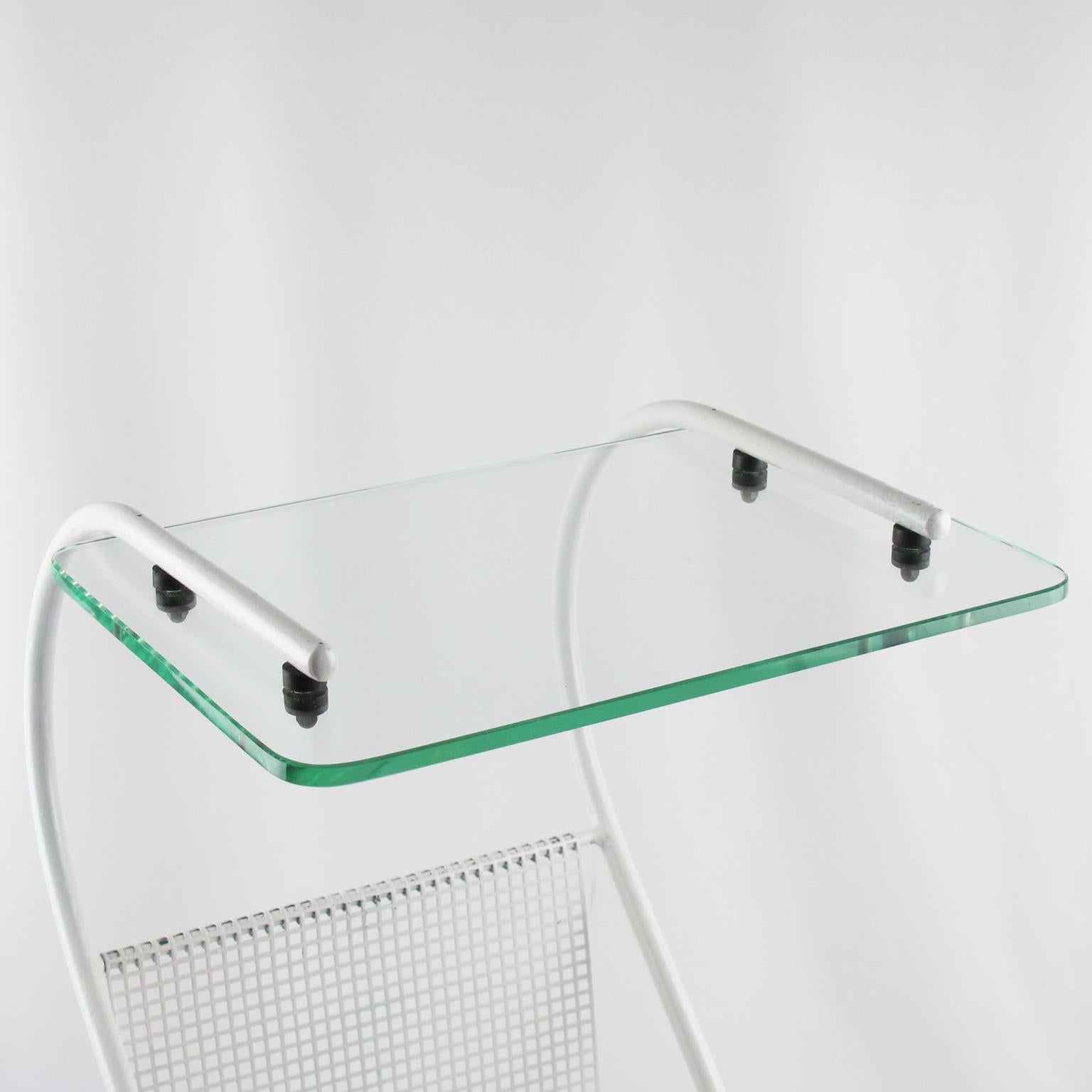 French Mathieu Matégot Style White Metal Side Table with Magazine Rack