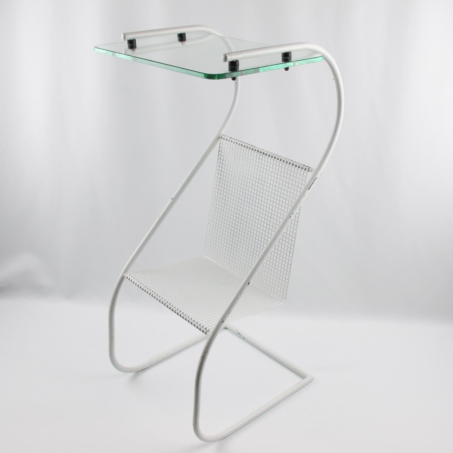 Glass Mathieu Matégot Style White Metal Side Table with Magazine Rack