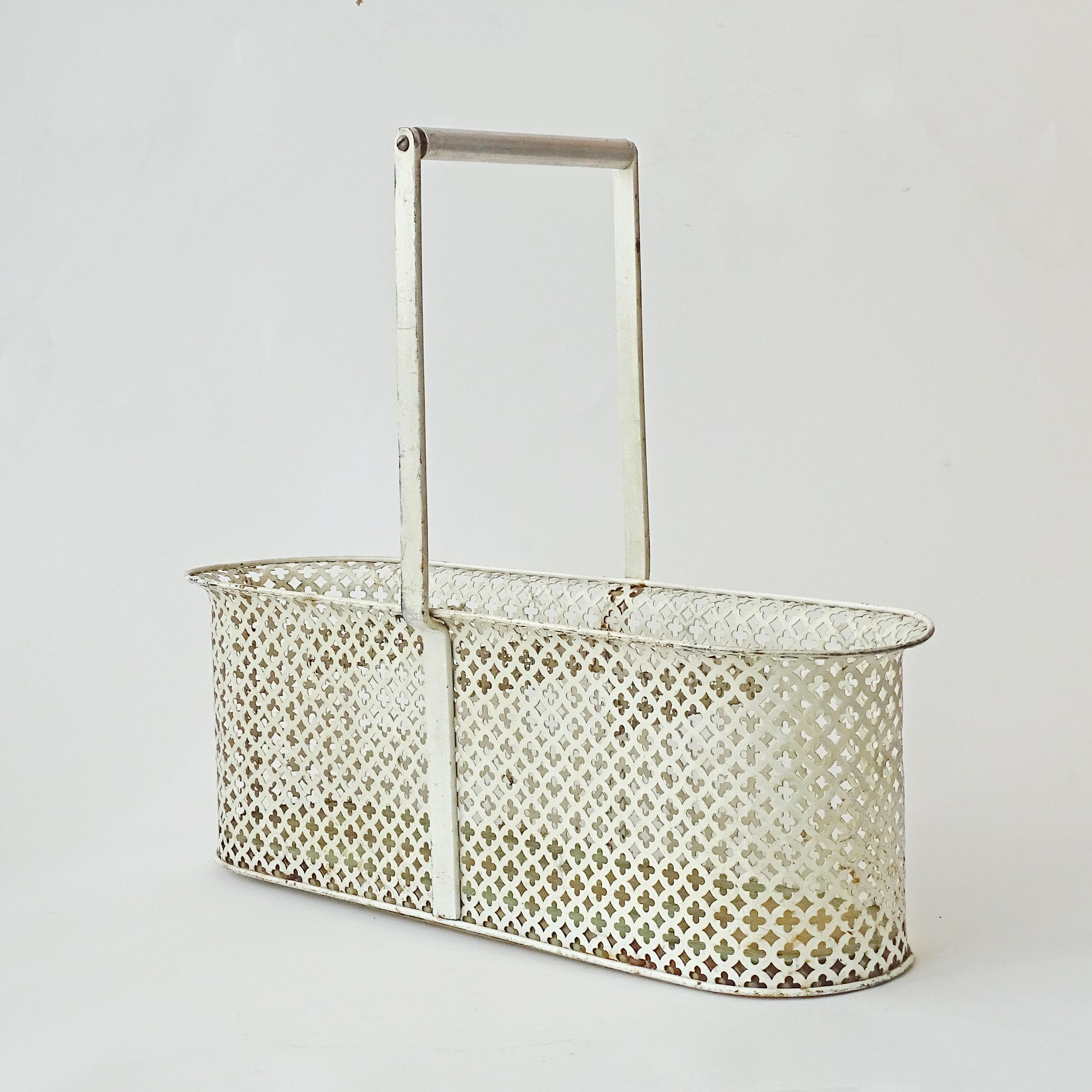 Mathieu Matégot Style White Perforated Metal and Wood Bottle Carrier, France 1950
Carries 4 Bottles