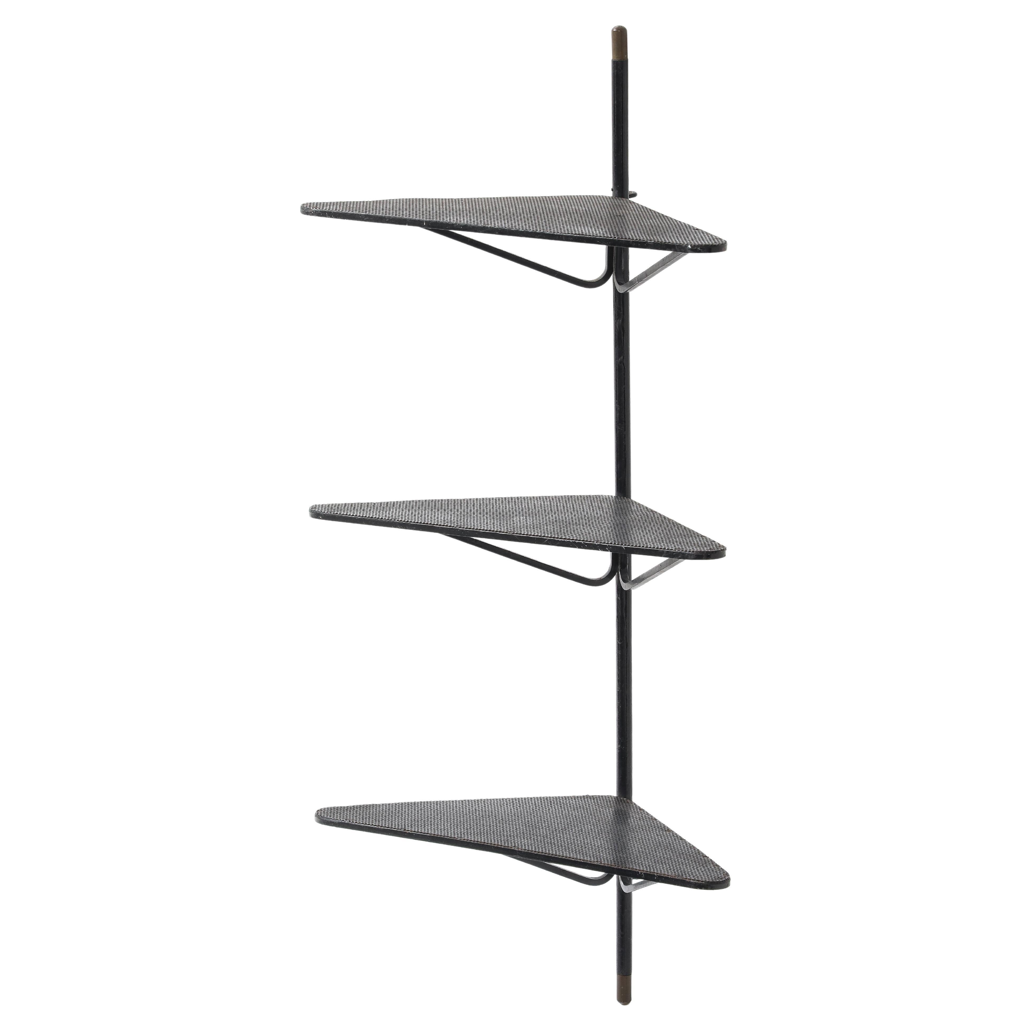 Mathieu Matégot Triangular Metal & Brass Tip Perforated Shelf, France, c. 1952