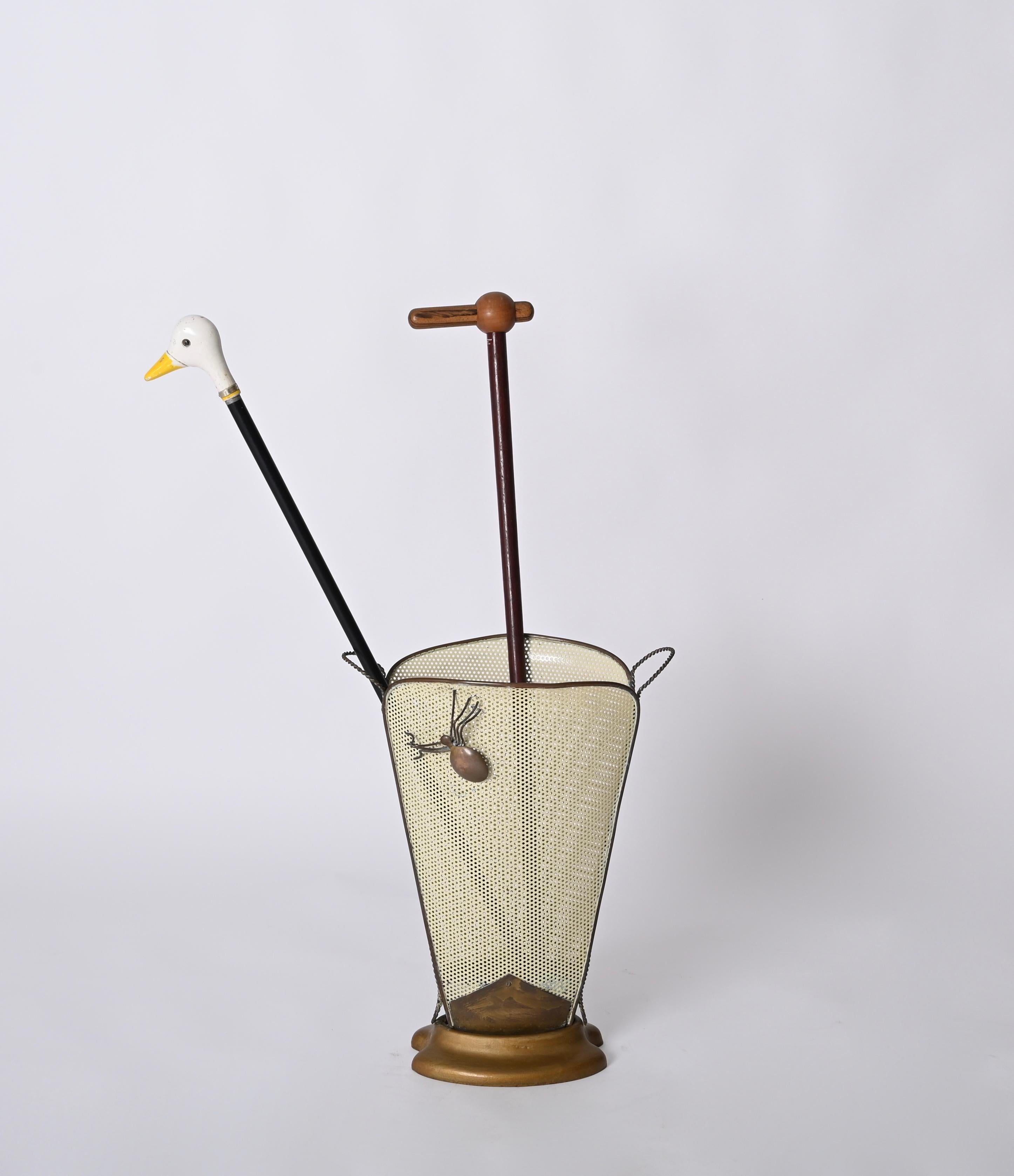 French Mathieu Matégot Umbrella Stand, Brass and Decorated Enameled Iron, France 1940s