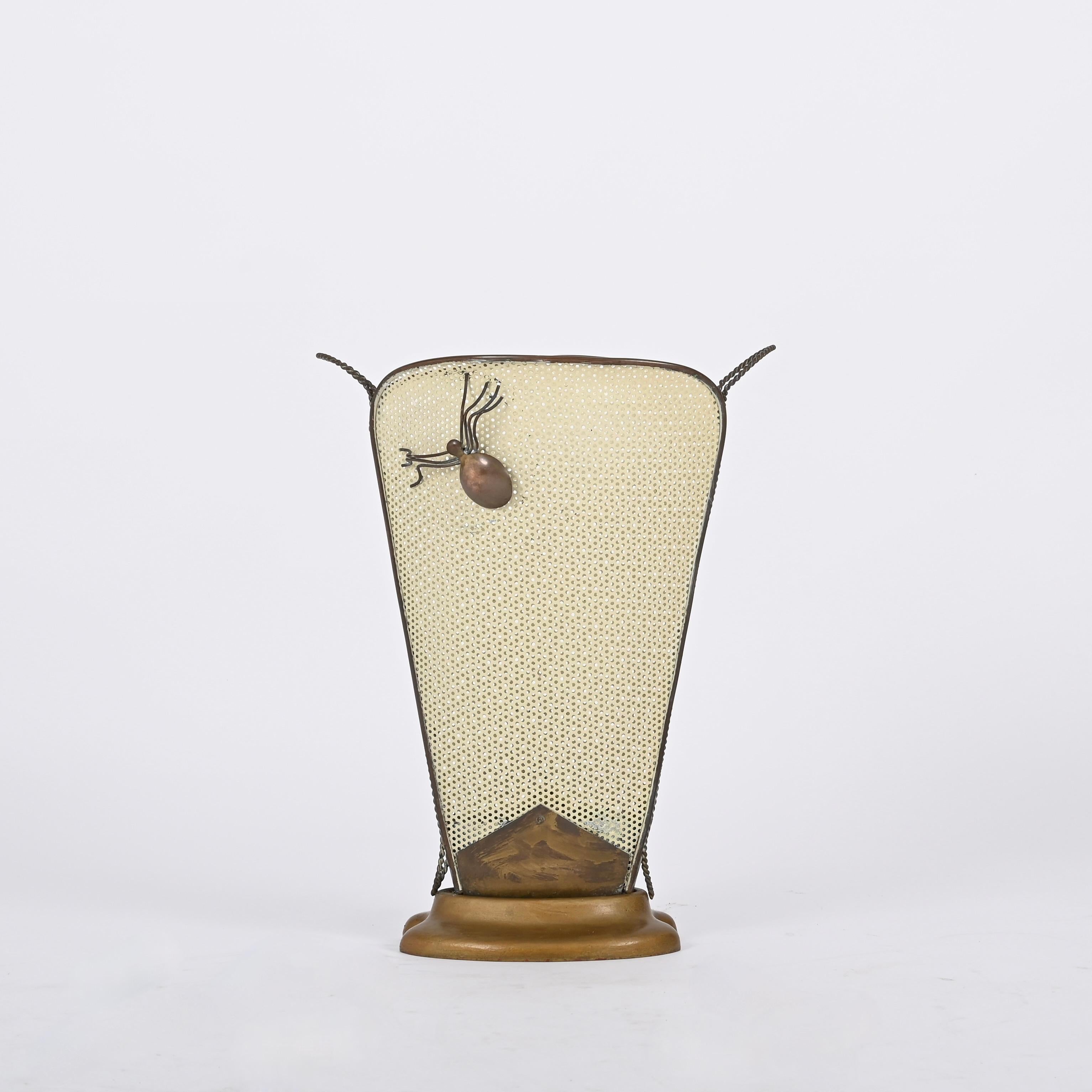 Mathieu Matégot Umbrella Stand, Brass and Decorated Enameled Iron, France 1940s In Good Condition In Roma, IT